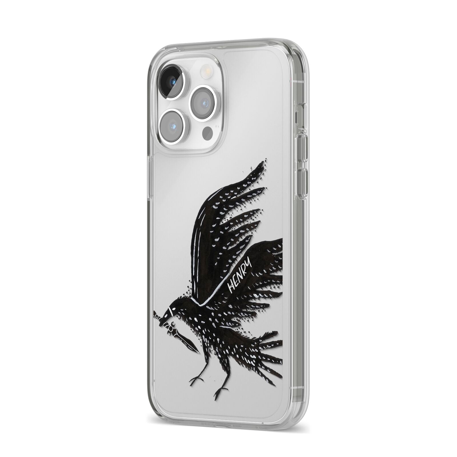 Black Crow Personalised iPhone 14 Pro Max Clear Tough Case Silver Angled Image