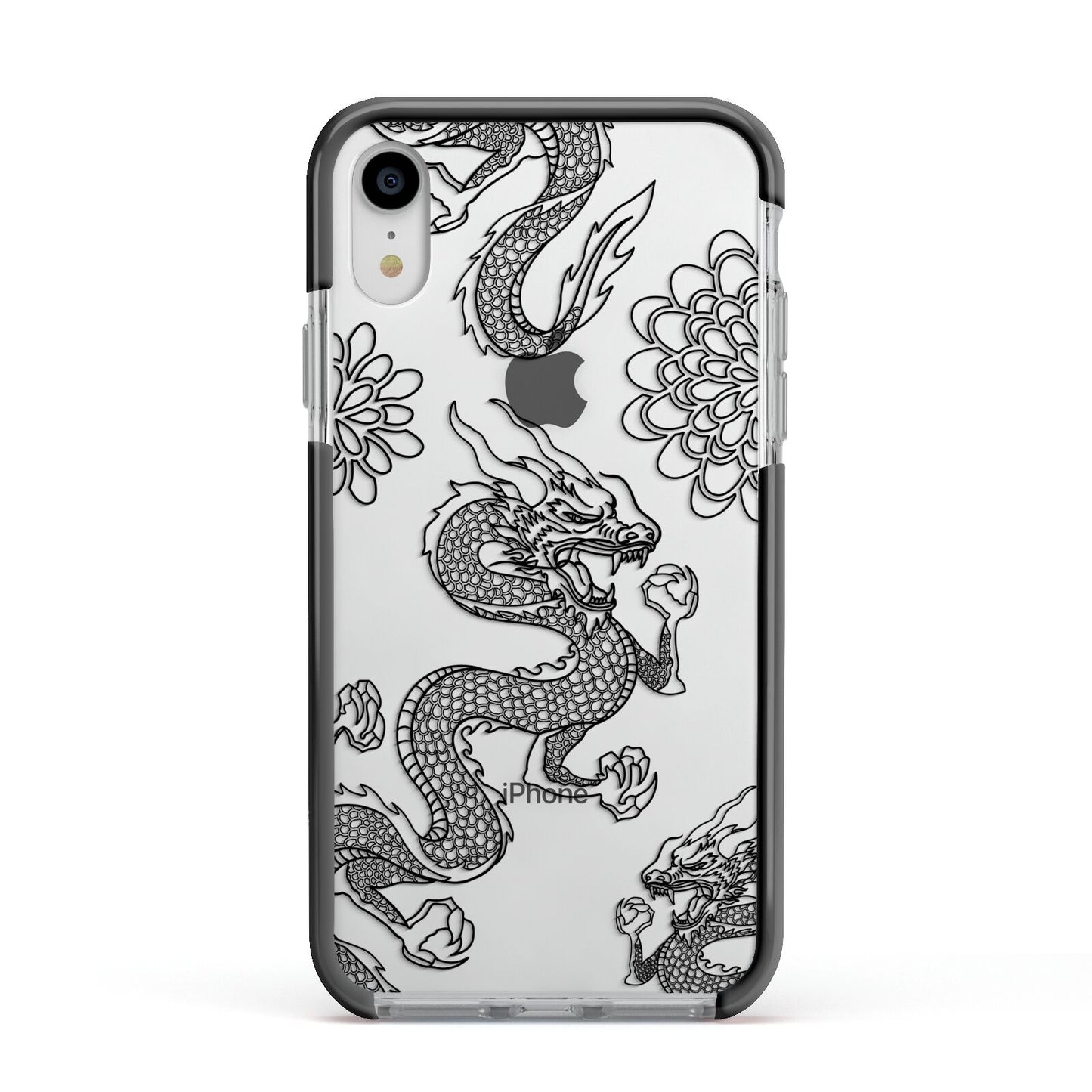 Black Dragon Apple iPhone XR Impact Case Black Edge on Silver Phone