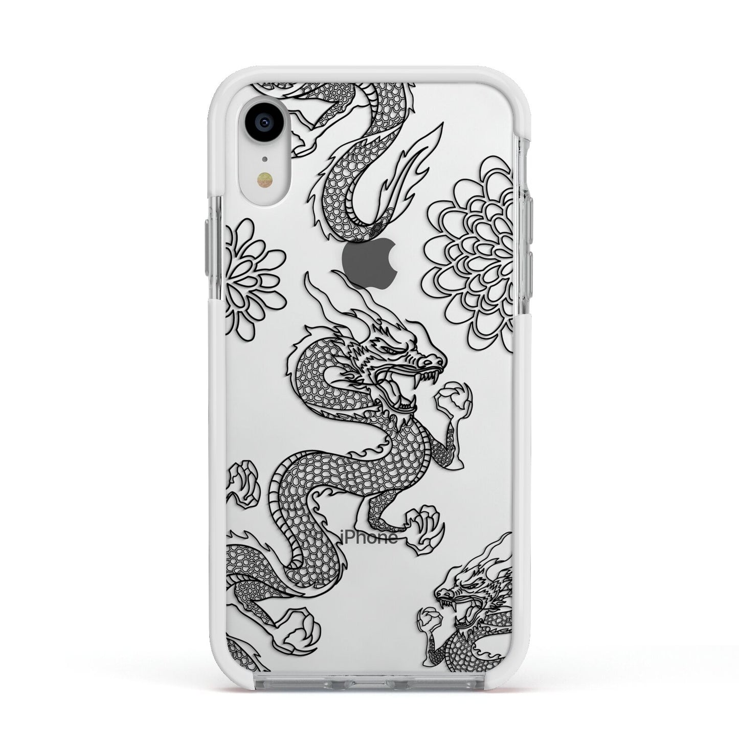 Black Dragon Apple iPhone XR Impact Case White Edge on Silver Phone