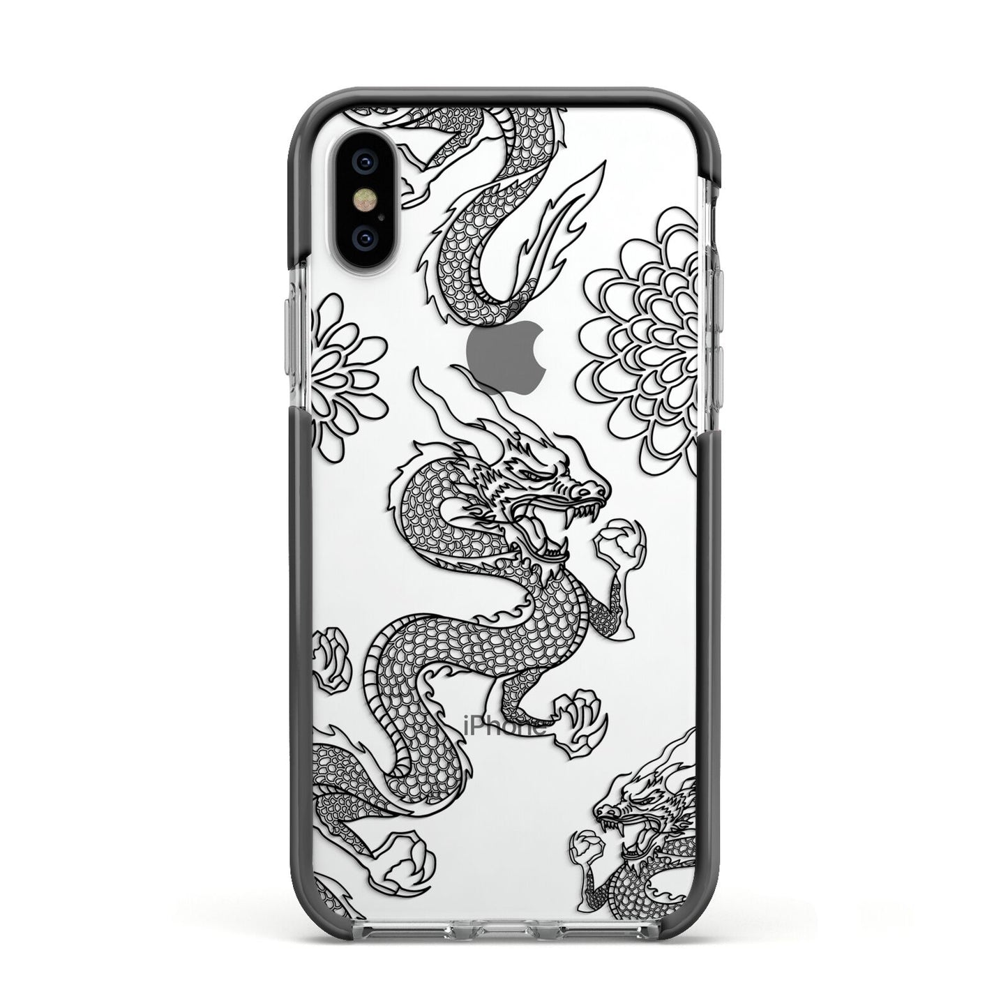 Black Dragon Apple iPhone Xs Impact Case Black Edge on Silver Phone