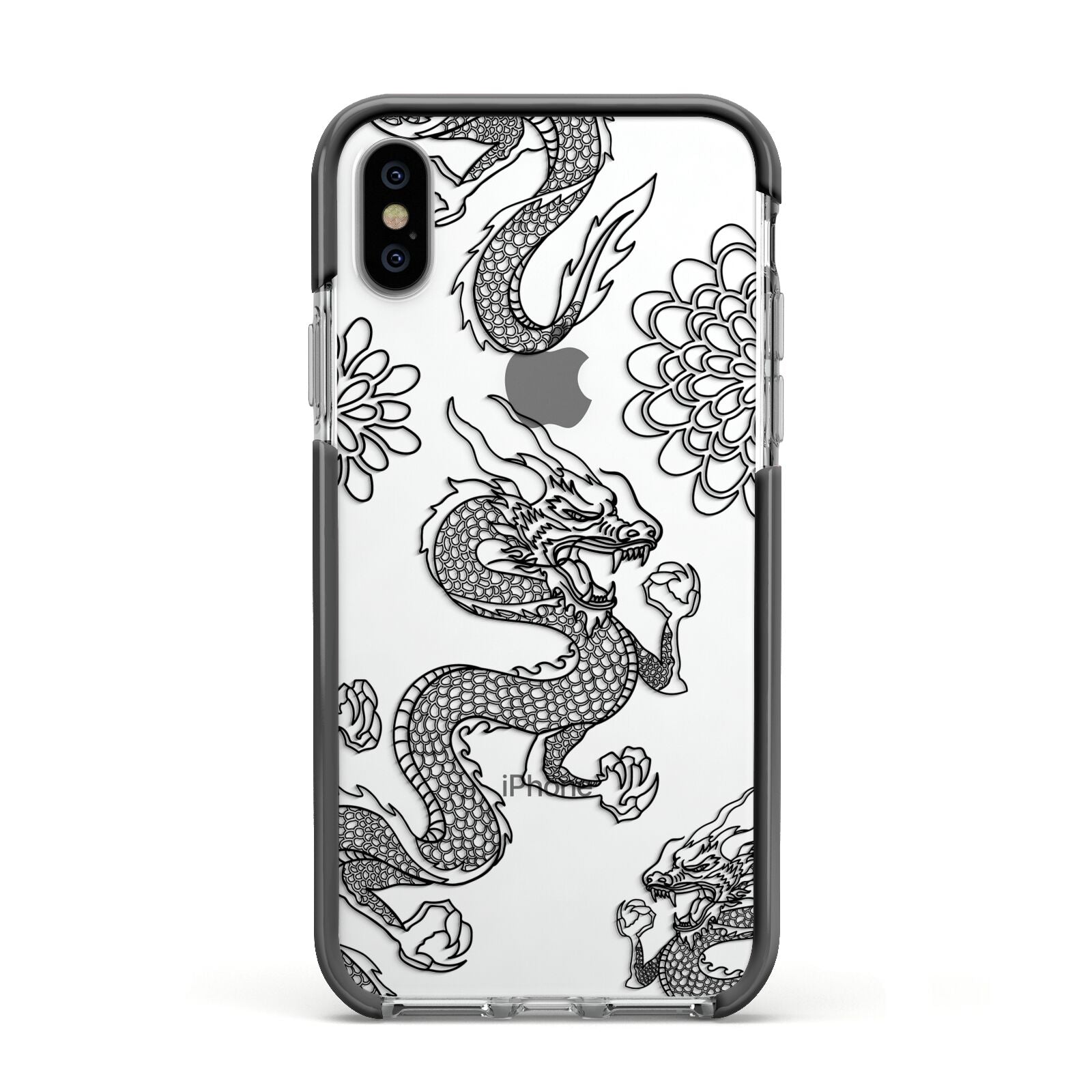 Black Dragon Apple iPhone Xs Impact Case Black Edge on Silver Phone