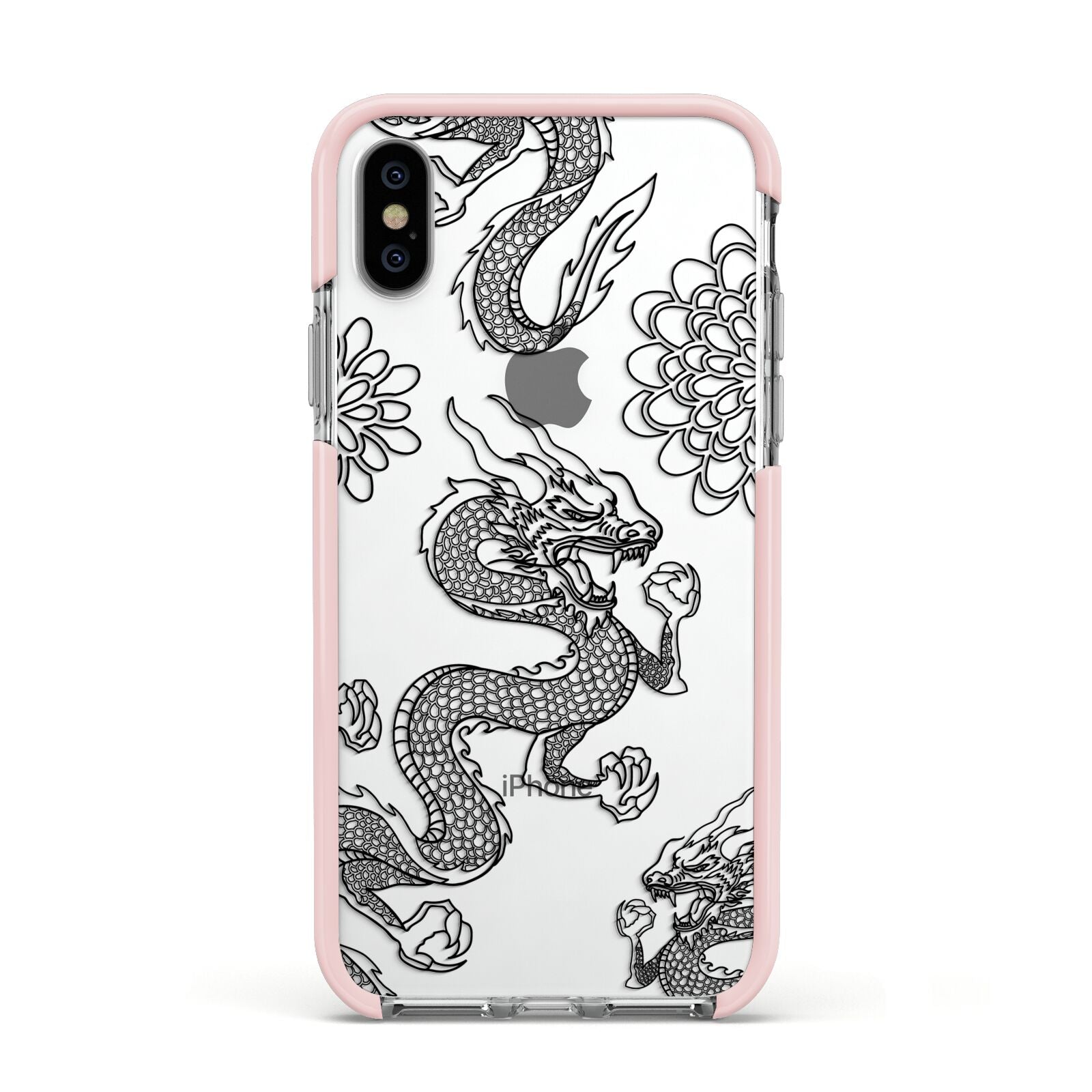 Black Dragon Apple iPhone Xs Impact Case Pink Edge on Silver Phone