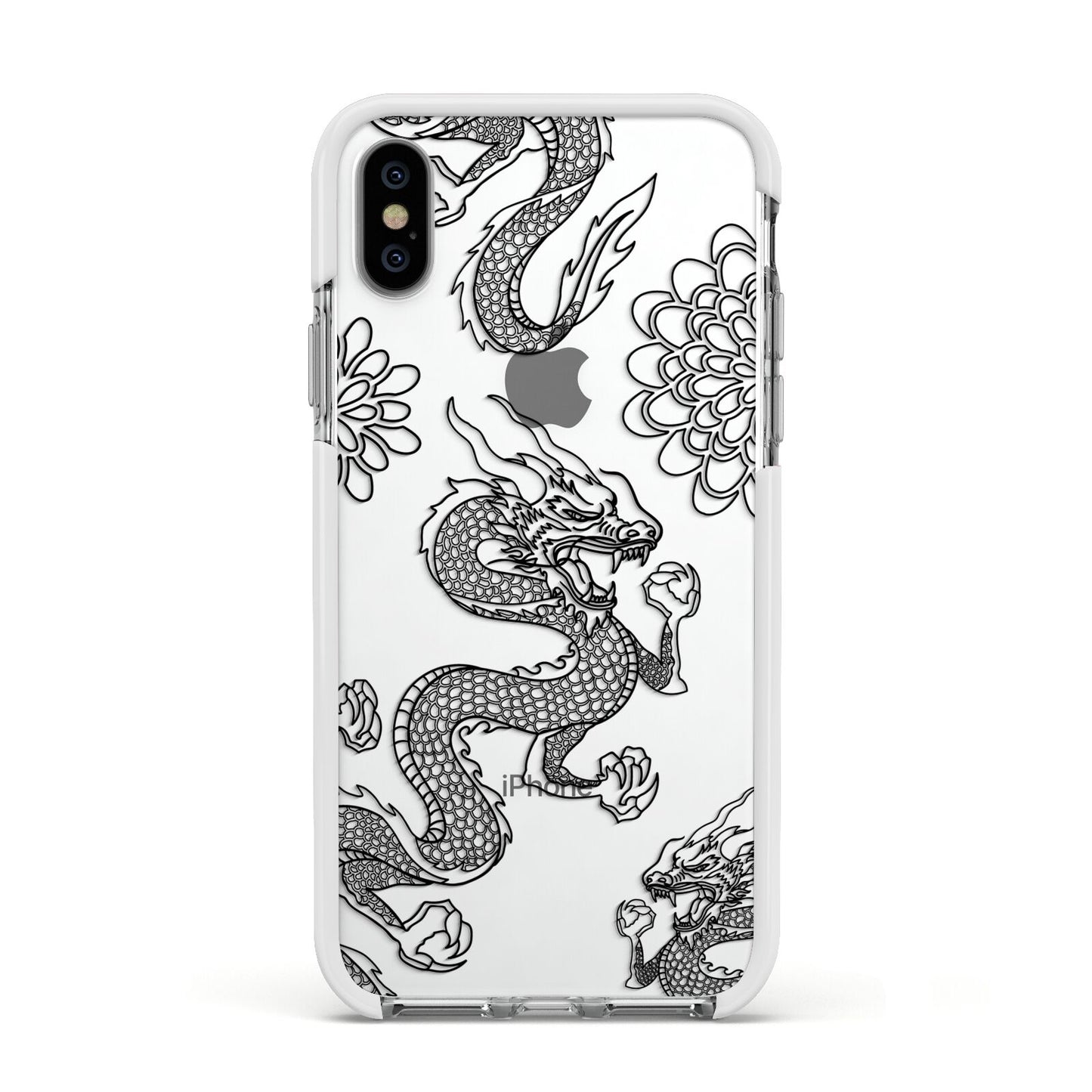 Black Dragon Apple iPhone Xs Impact Case White Edge on Silver Phone