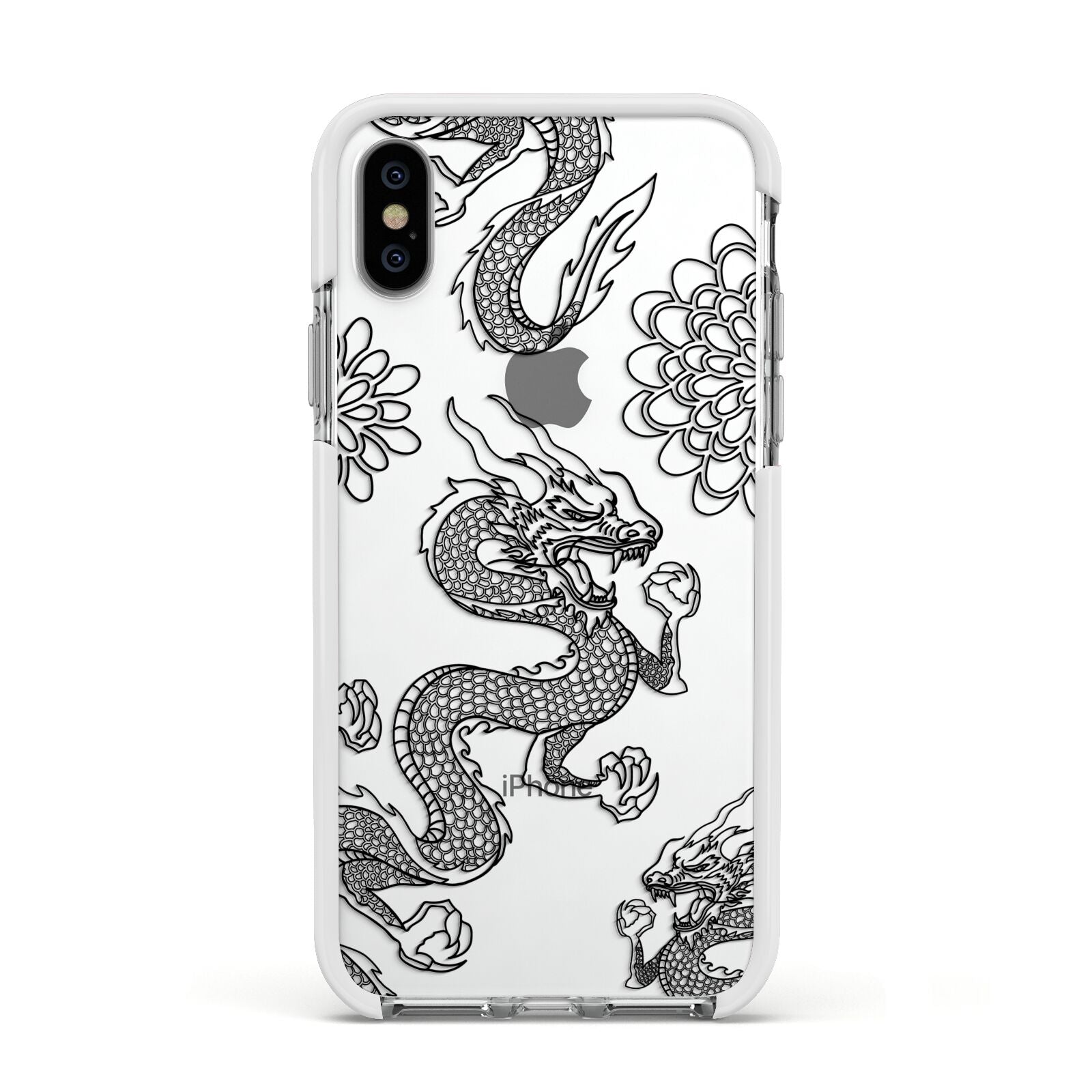 Black Dragon Apple iPhone Xs Impact Case White Edge on Silver Phone