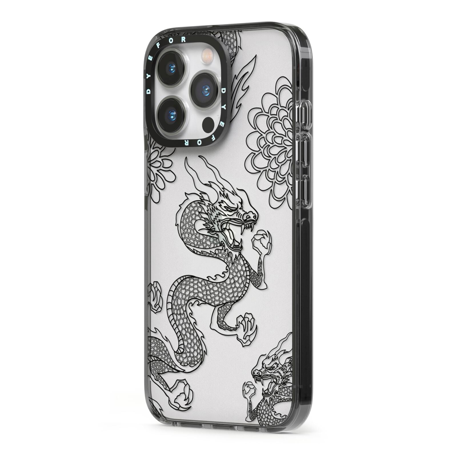 Black Dragon iPhone 13 Pro Black Impact Case Side Angle on Silver phone