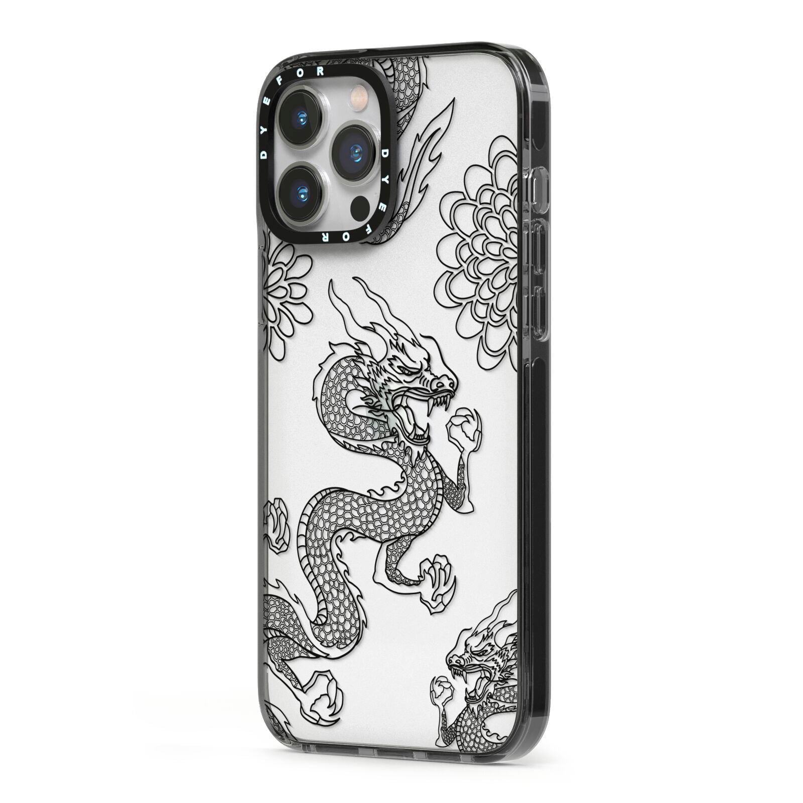 Black Dragon iPhone 13 Pro Max Black Impact Case Side Angle on Silver phone