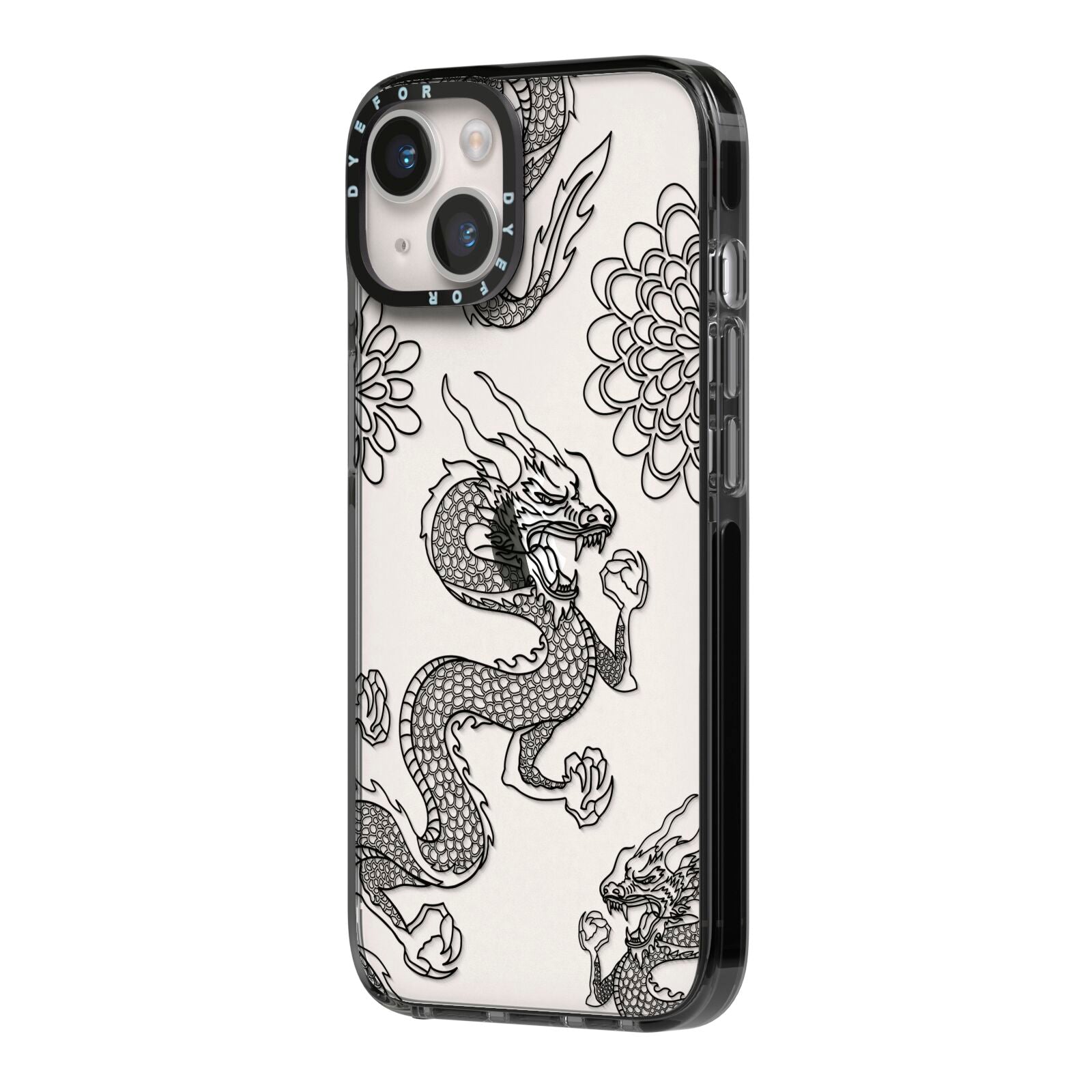 Black Dragon iPhone 14 Black Impact Case Side Angle on Silver phone