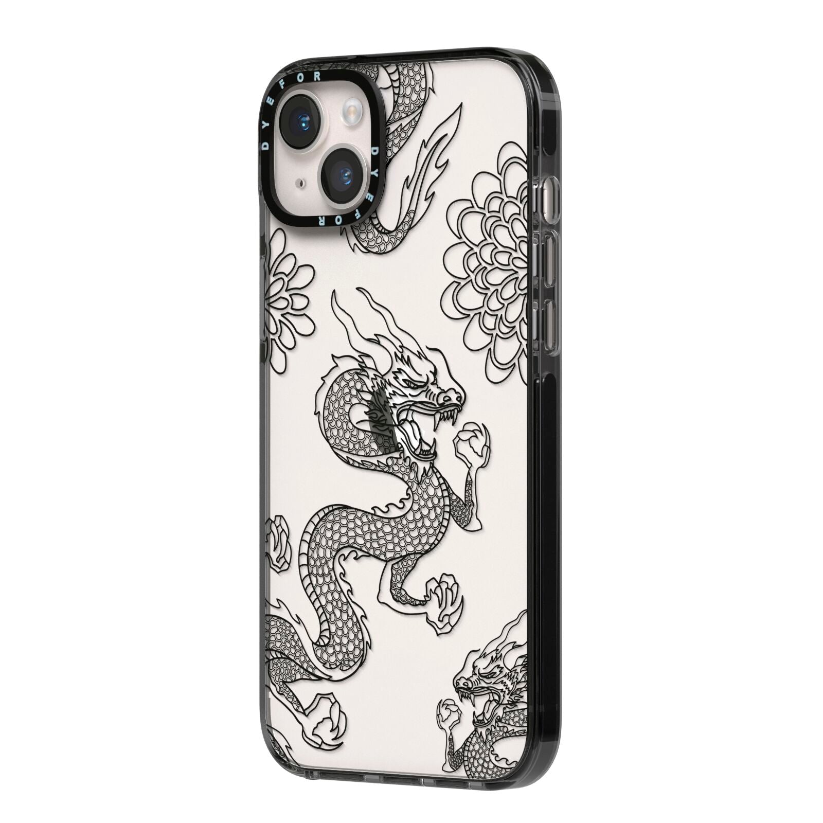 Black Dragon iPhone 14 Plus Black Impact Case Side Angle on Silver phone