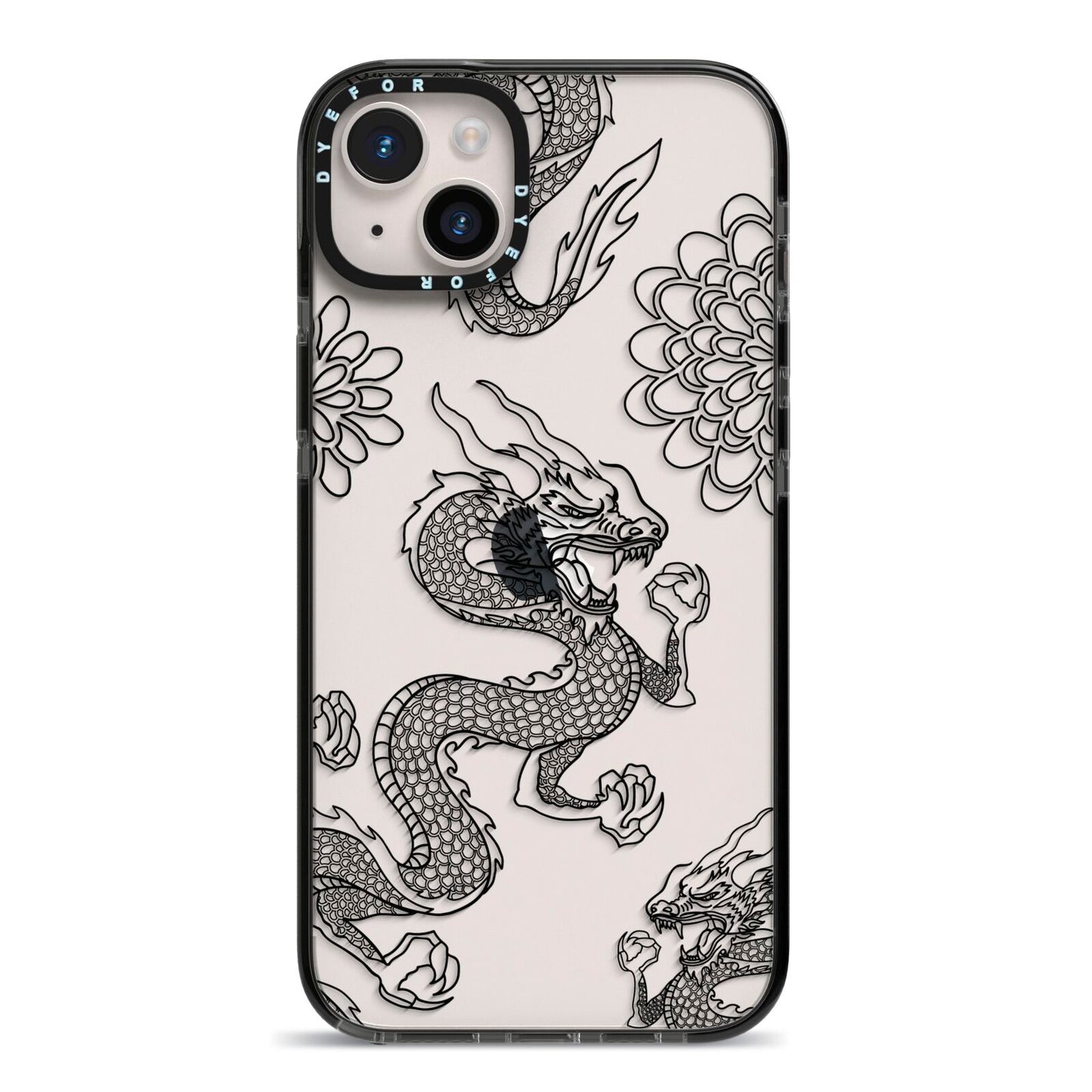 Black Dragon iPhone 14 Plus Black Impact Case on Silver phone