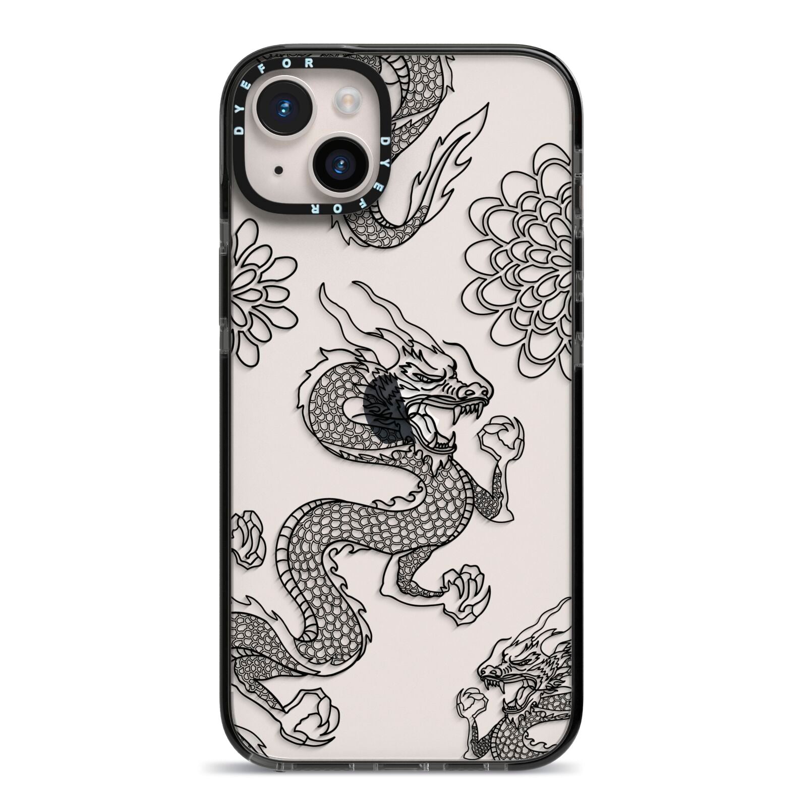 Black Dragon iPhone 14 Plus Black Impact Case on Silver phone