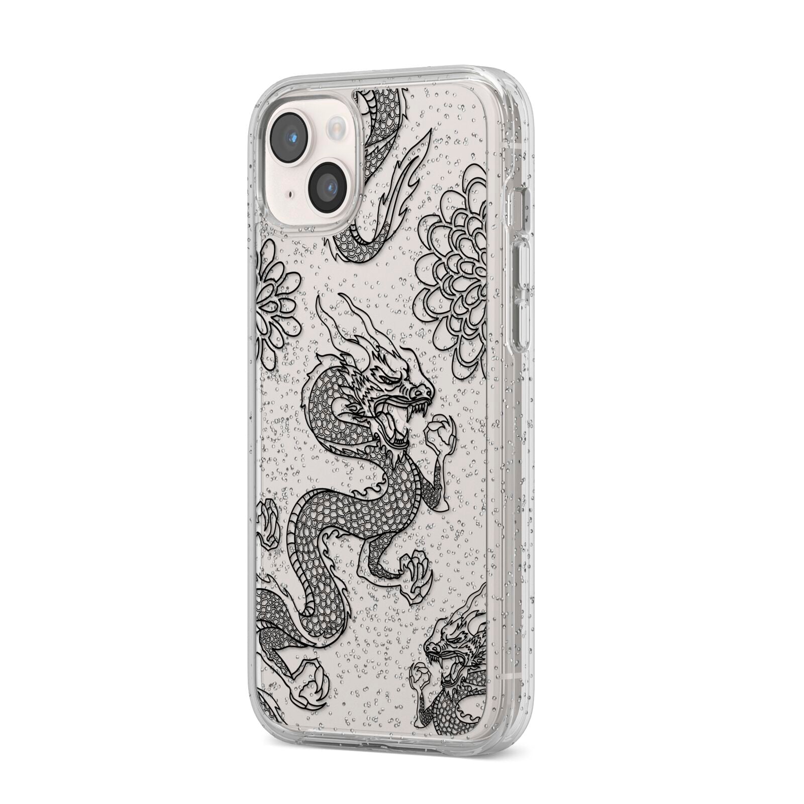 Black Dragon iPhone 14 Plus Glitter Tough Case Starlight Angled Image