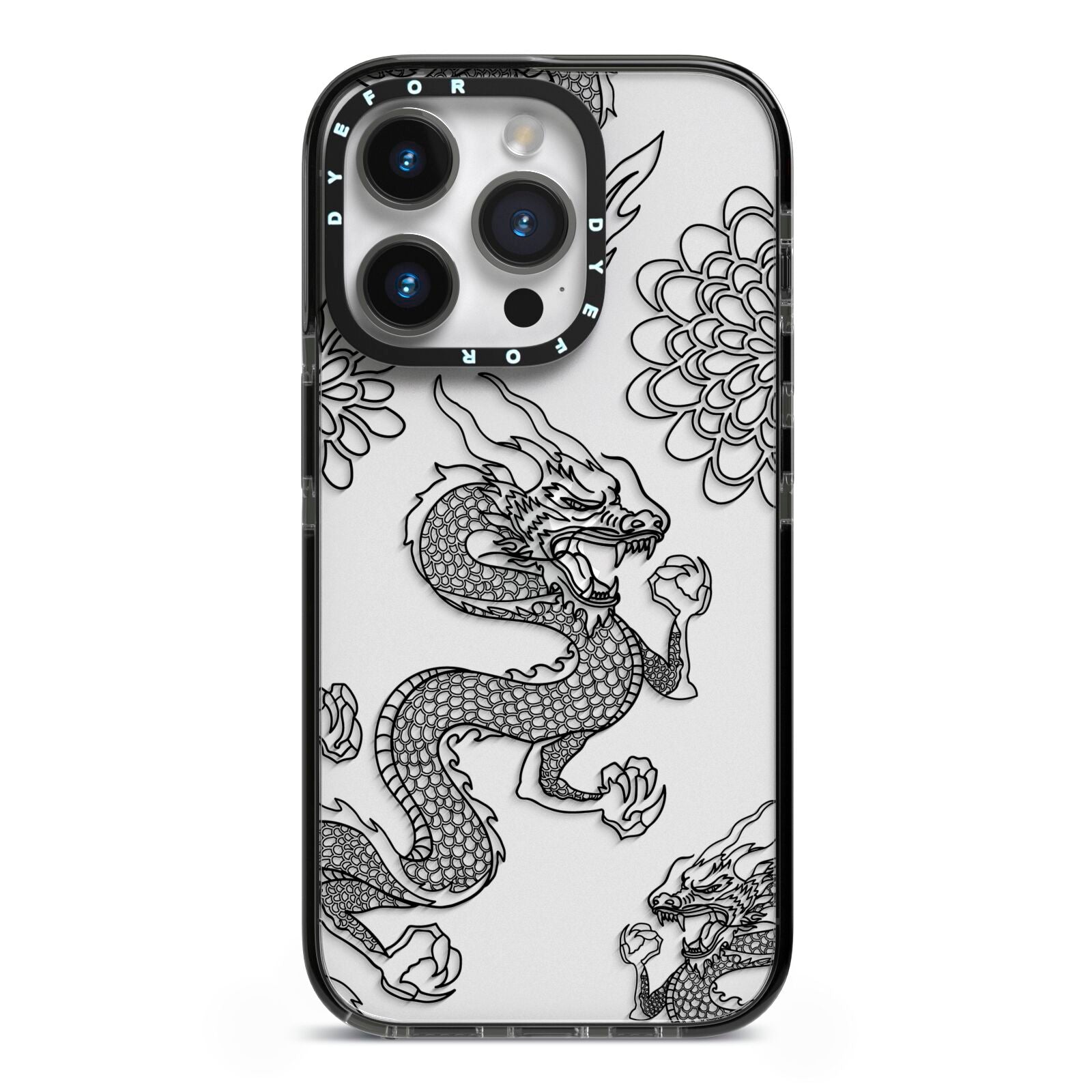 Black Dragon iPhone 14 Pro Black Impact Case on Silver phone