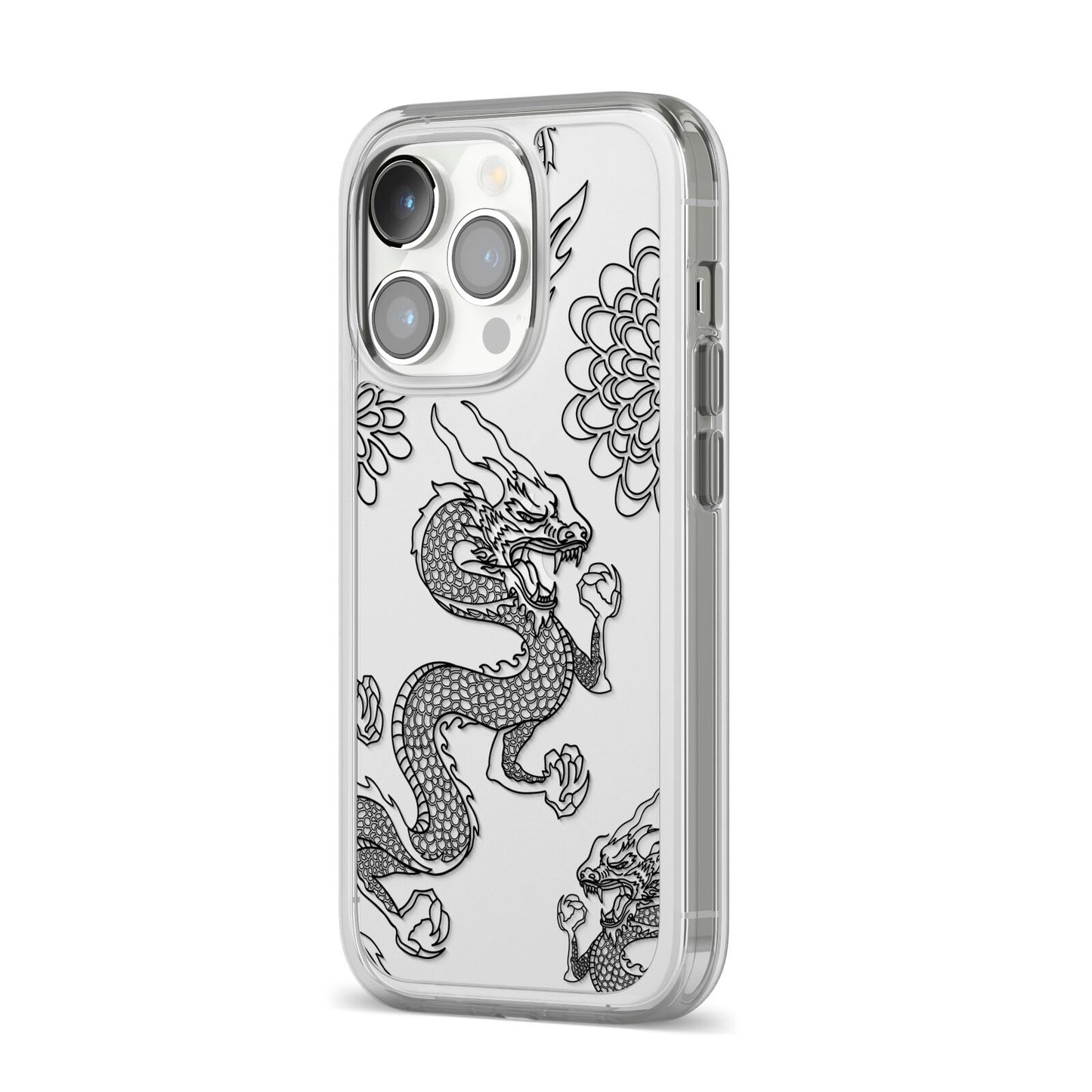 Black Dragon iPhone 14 Pro Clear Tough Case Silver Angled Image