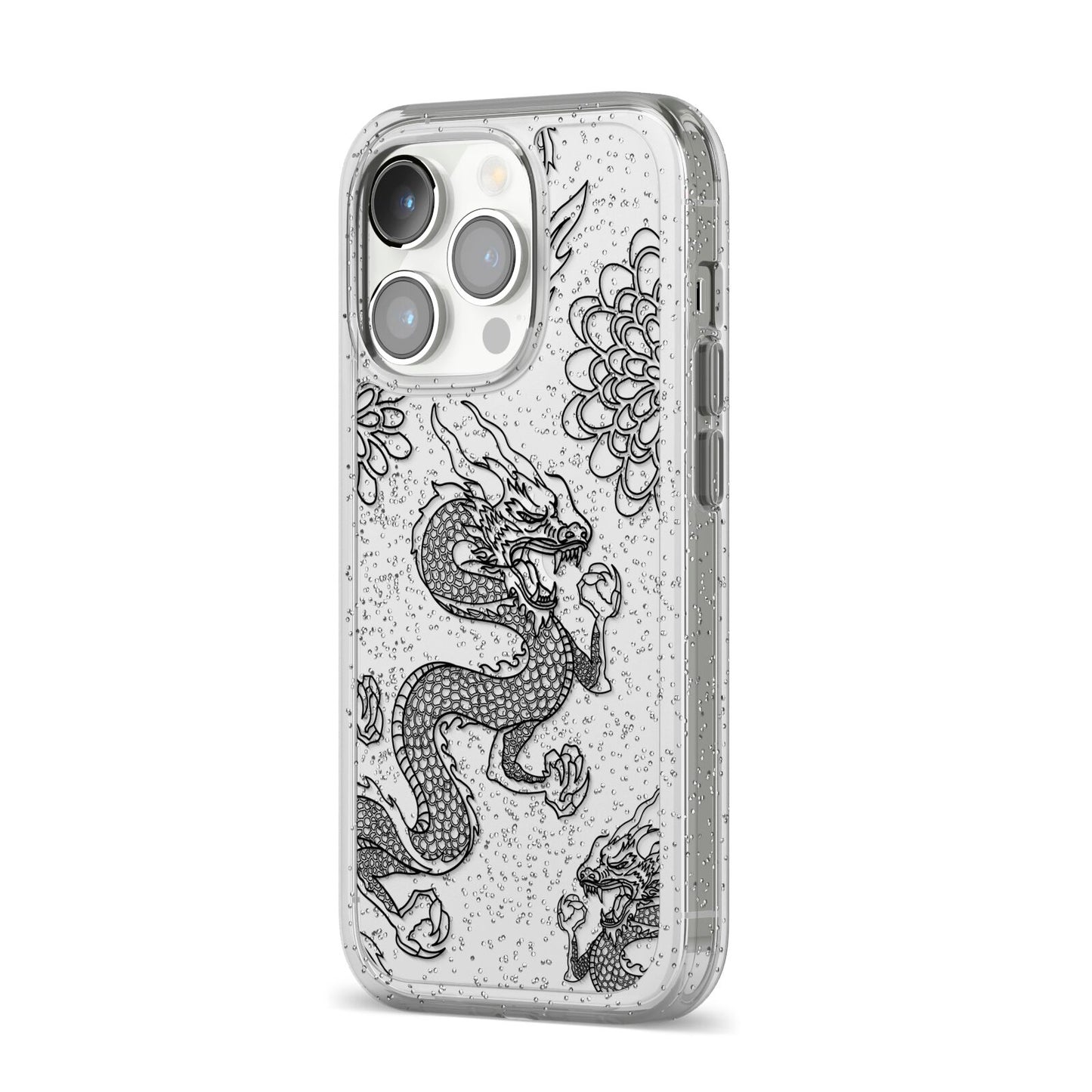 Black Dragon iPhone 14 Pro Glitter Tough Case Silver Angled Image