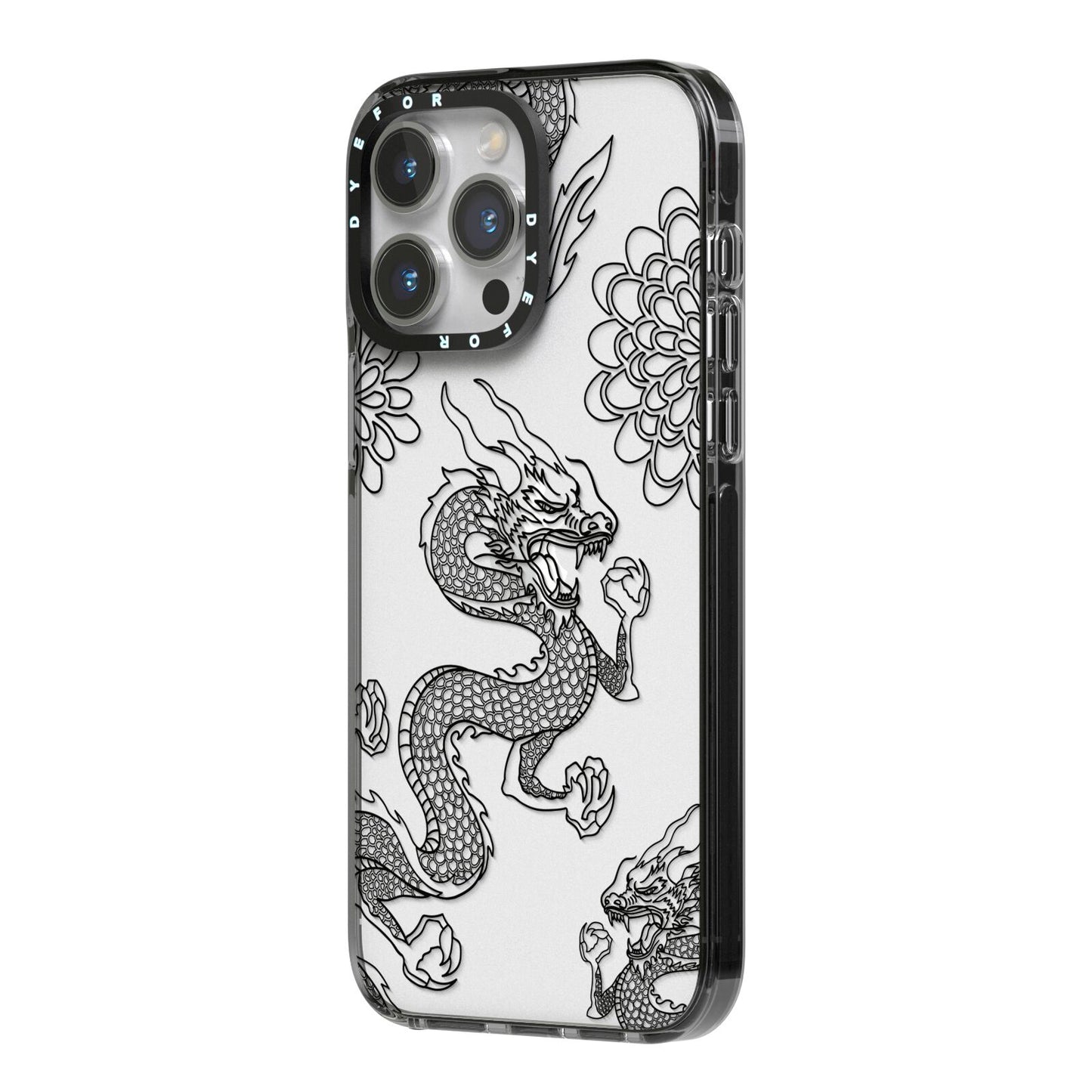 Black Dragon iPhone 14 Pro Max Black Impact Case Side Angle on Silver phone