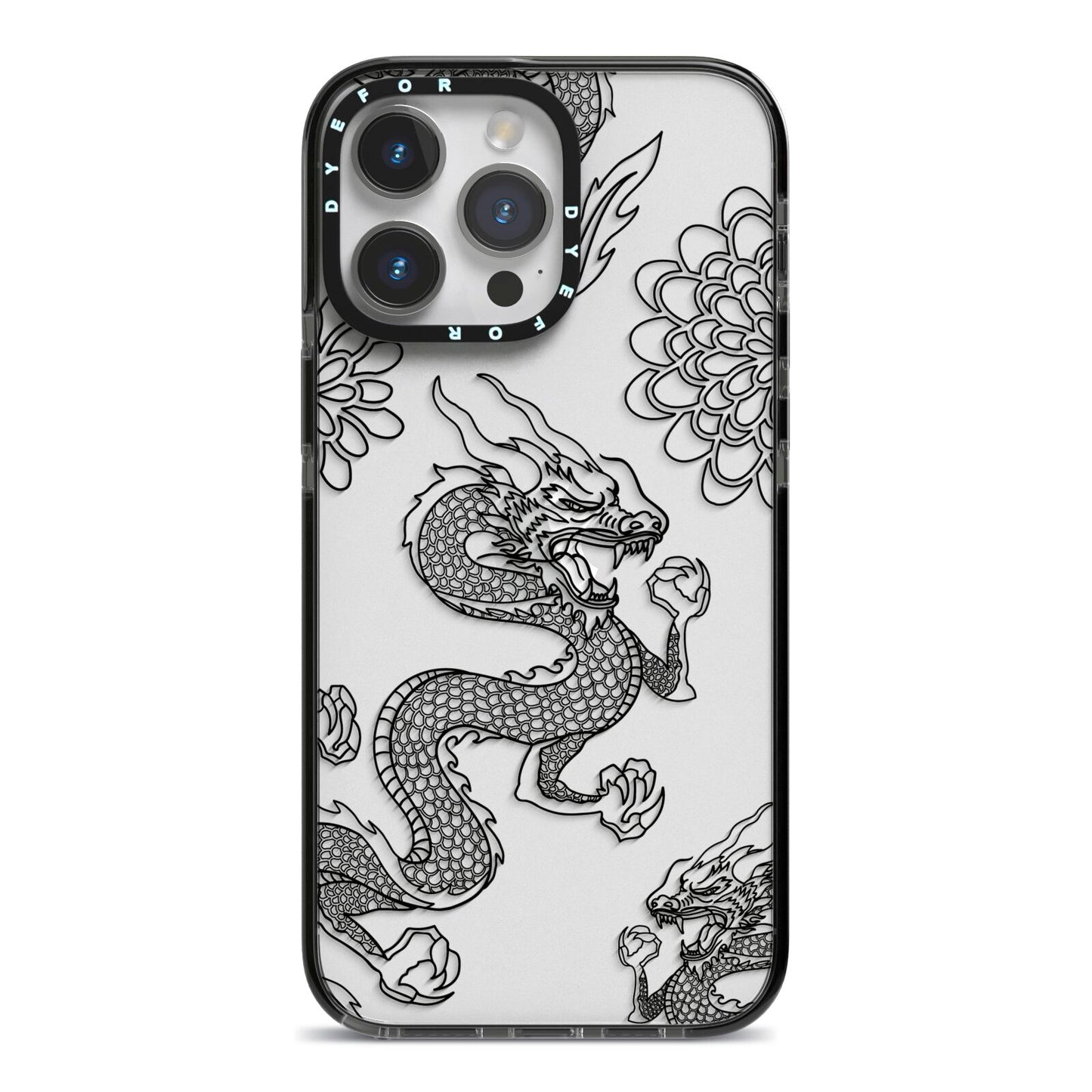Black Dragon iPhone 14 Pro Max Black Impact Case on Silver phone