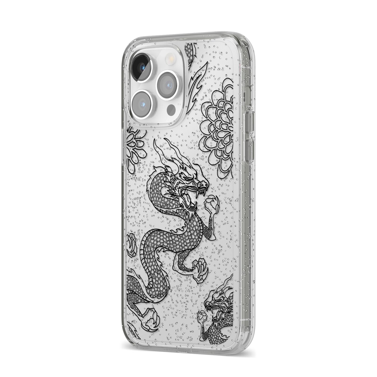 Black Dragon iPhone 14 Pro Max Glitter Tough Case Silver Angled Image