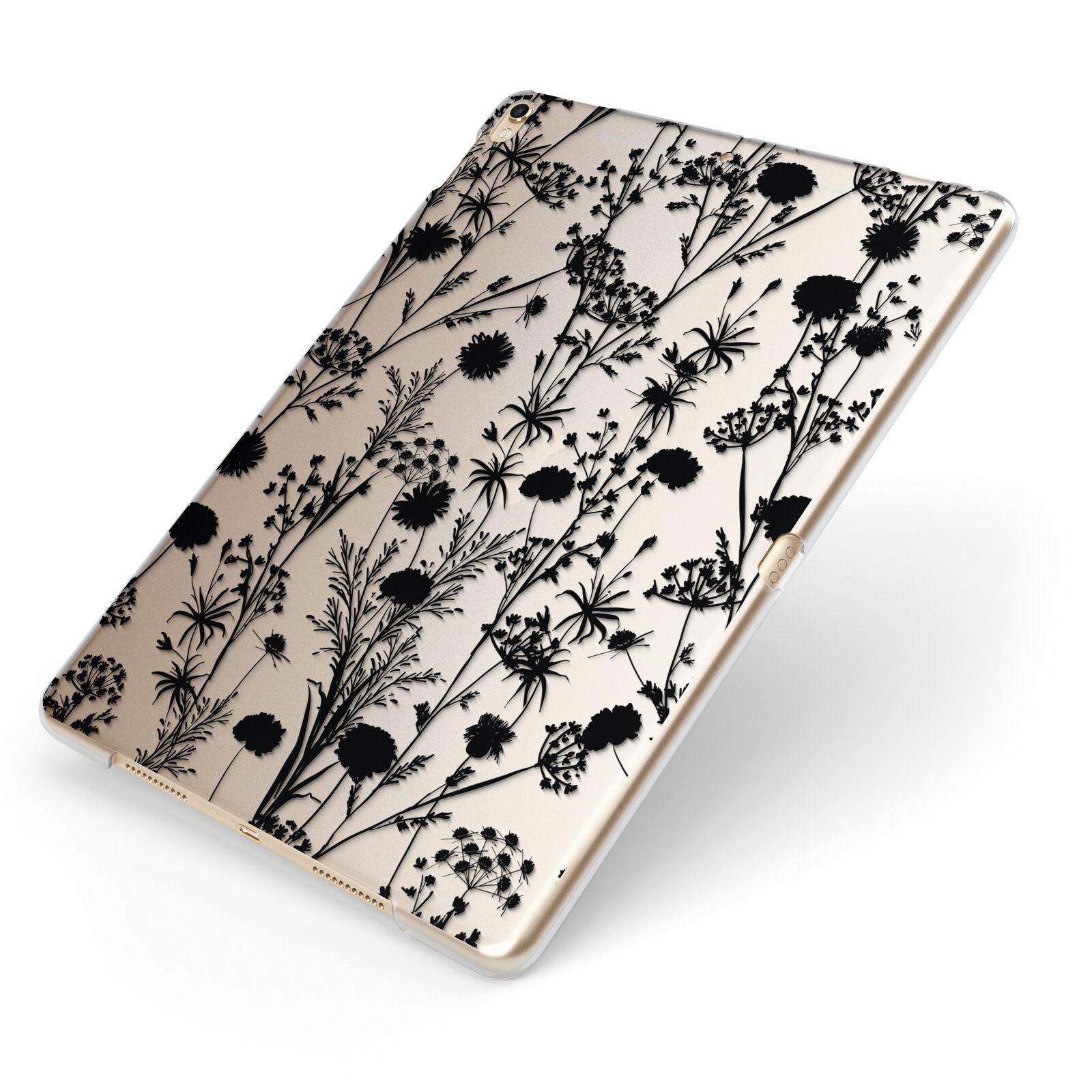Black Floral Meadow Apple iPad Case on Gold iPad Side View