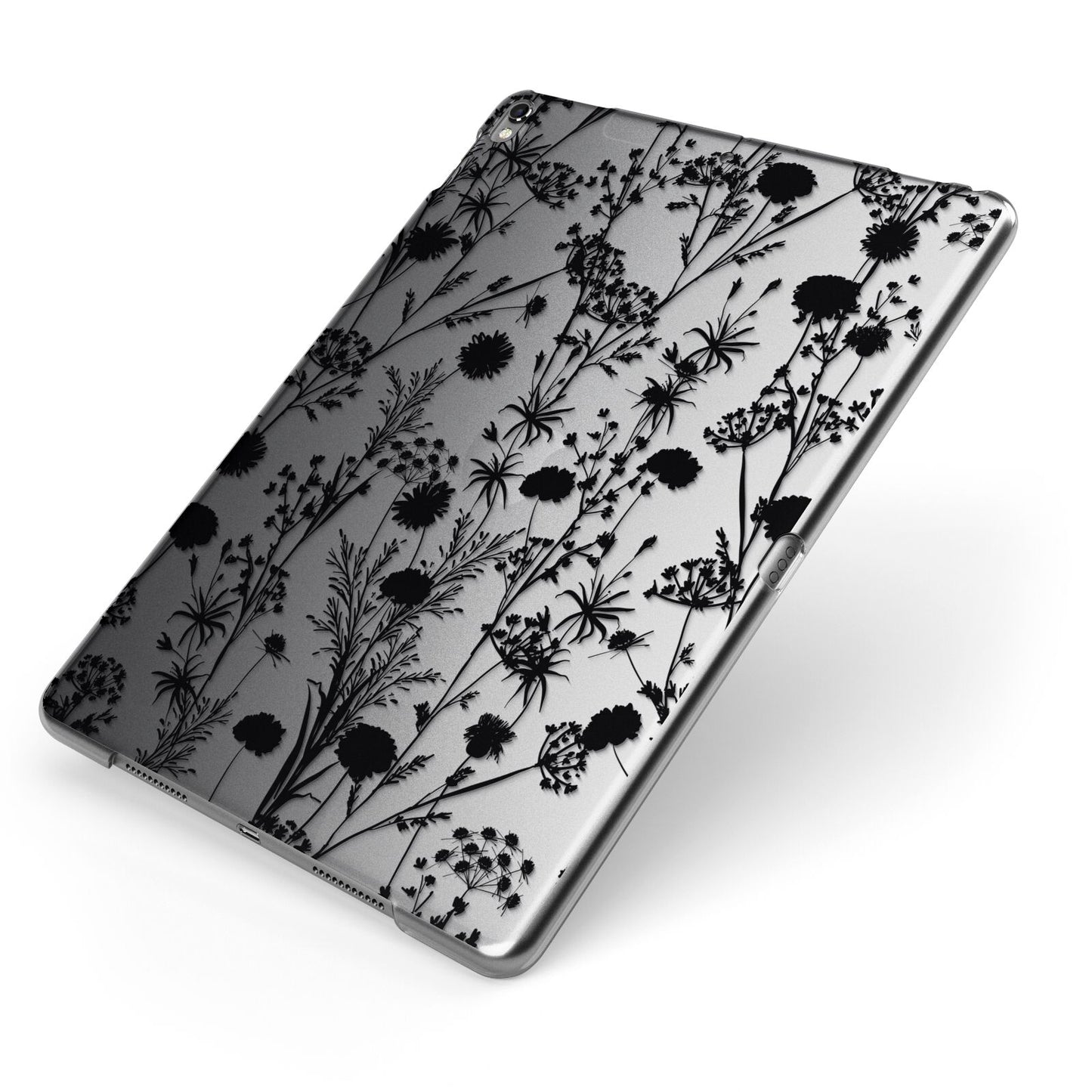 Black Floral Meadow Apple iPad Case on Grey iPad Side View
