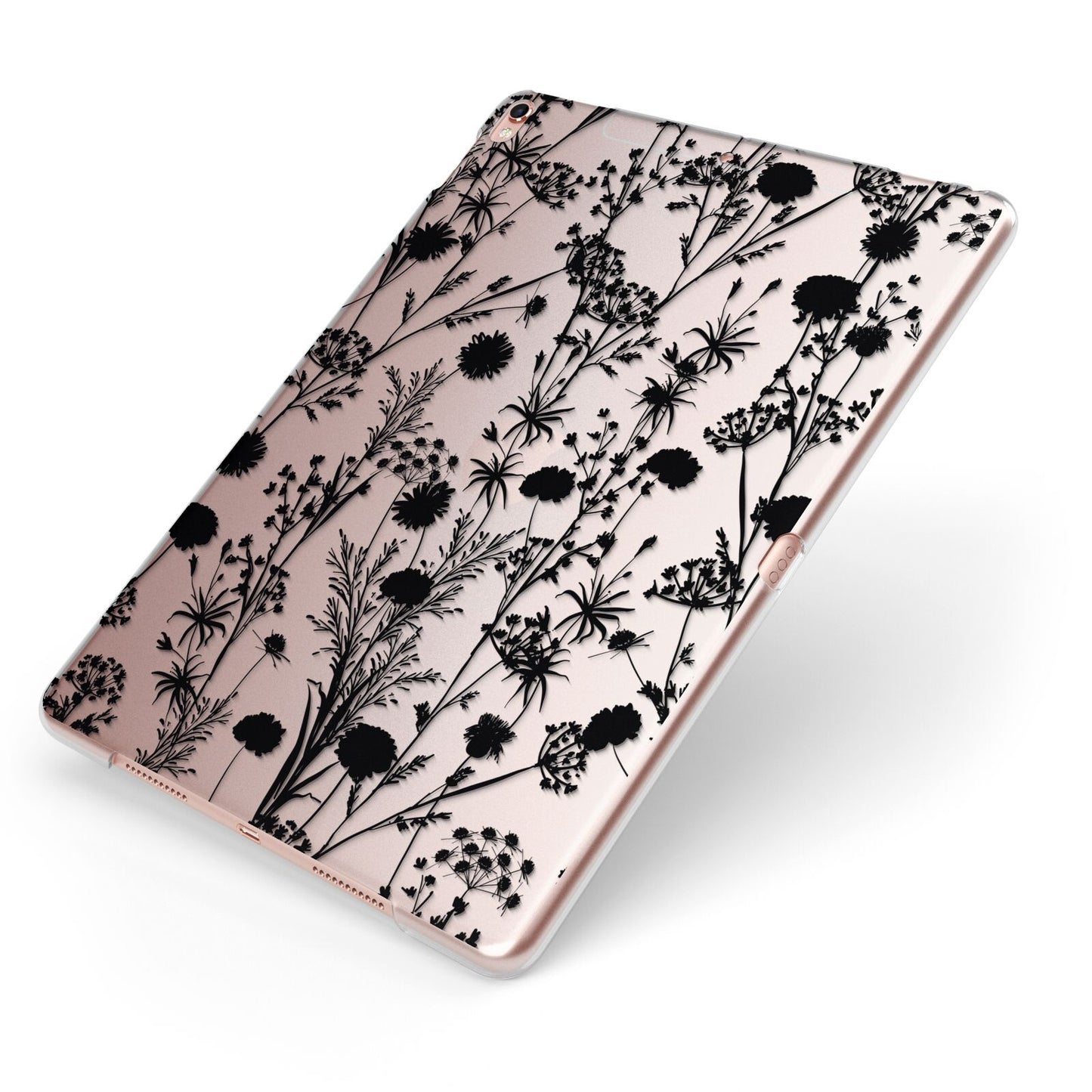 Black Floral Meadow Apple iPad Case on Rose Gold iPad Side View