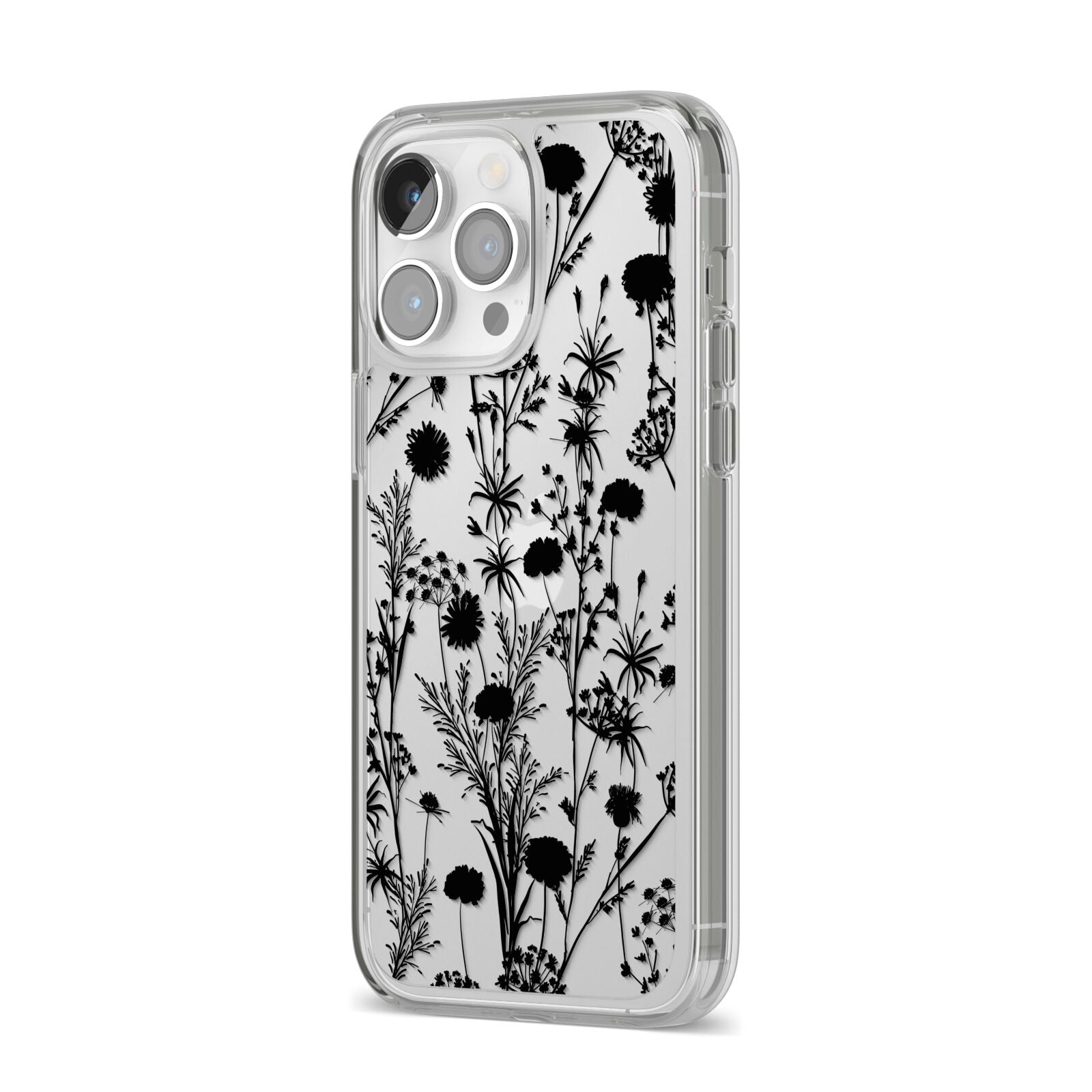 Black Floral Meadow iPhone 14 Pro Max Clear Tough Case Silver Angled Image