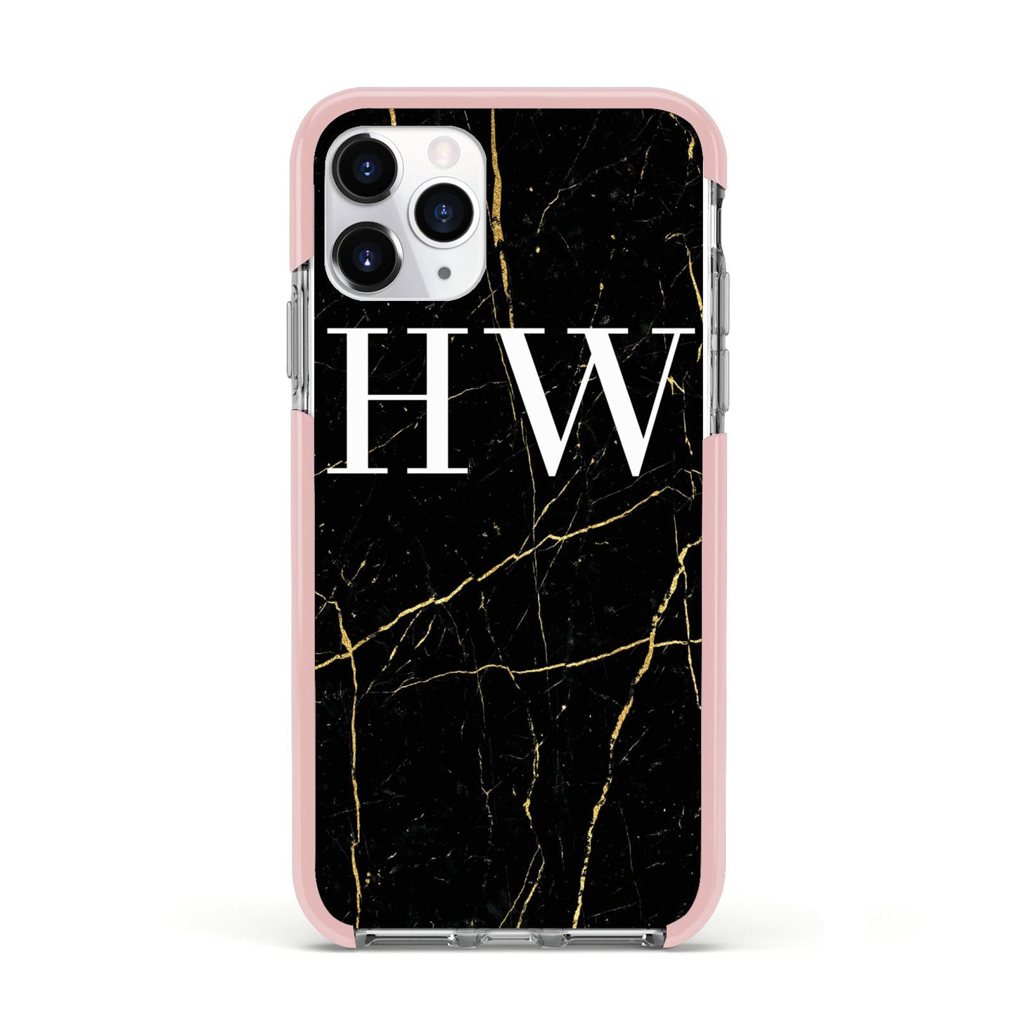 Black Gold Marble Effect Initials Personalised Apple iPhone 11 Pro in Silver with Pink Impact Case
