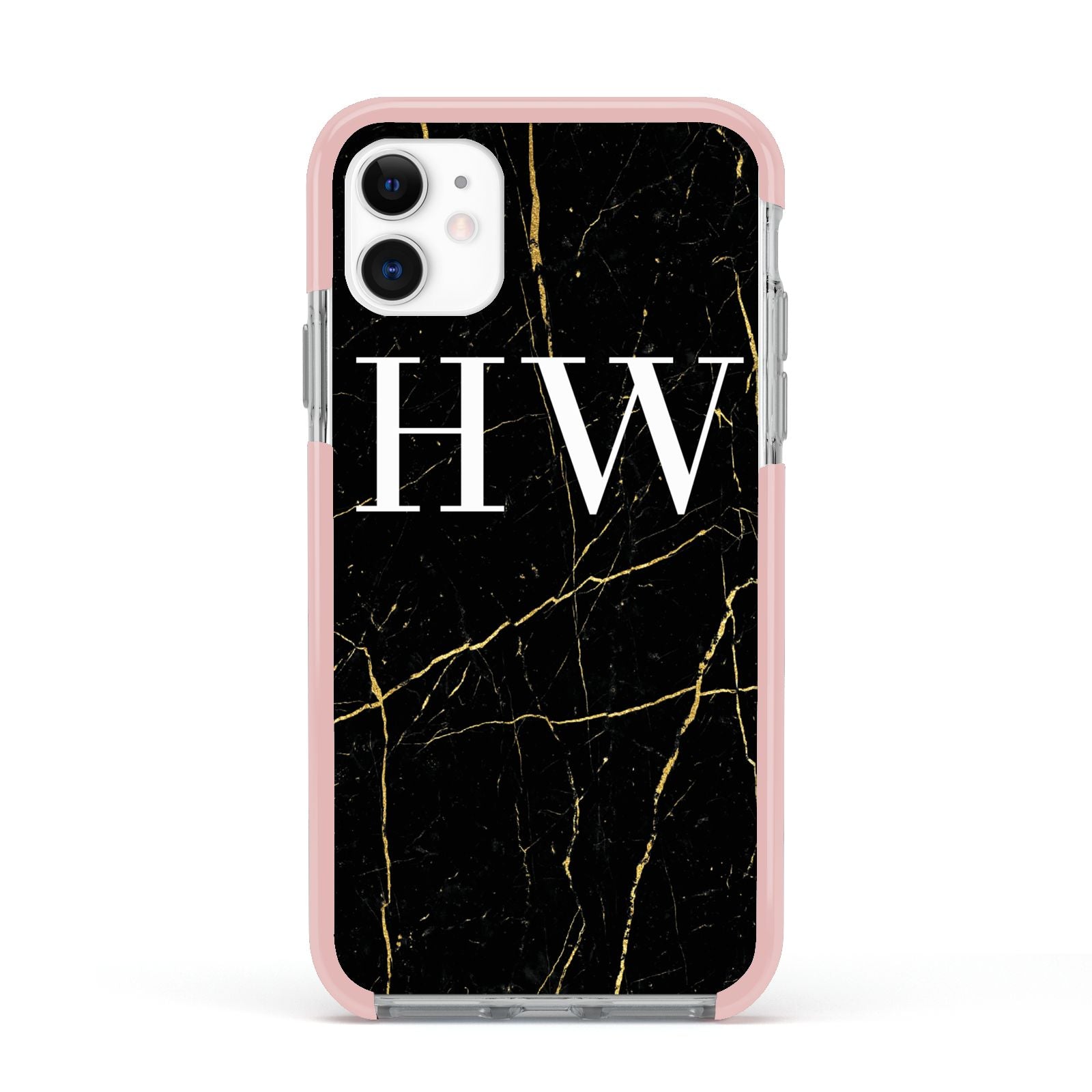 Black Gold Marble Effect Initials Personalised Apple iPhone 11 in White with Pink Impact Case