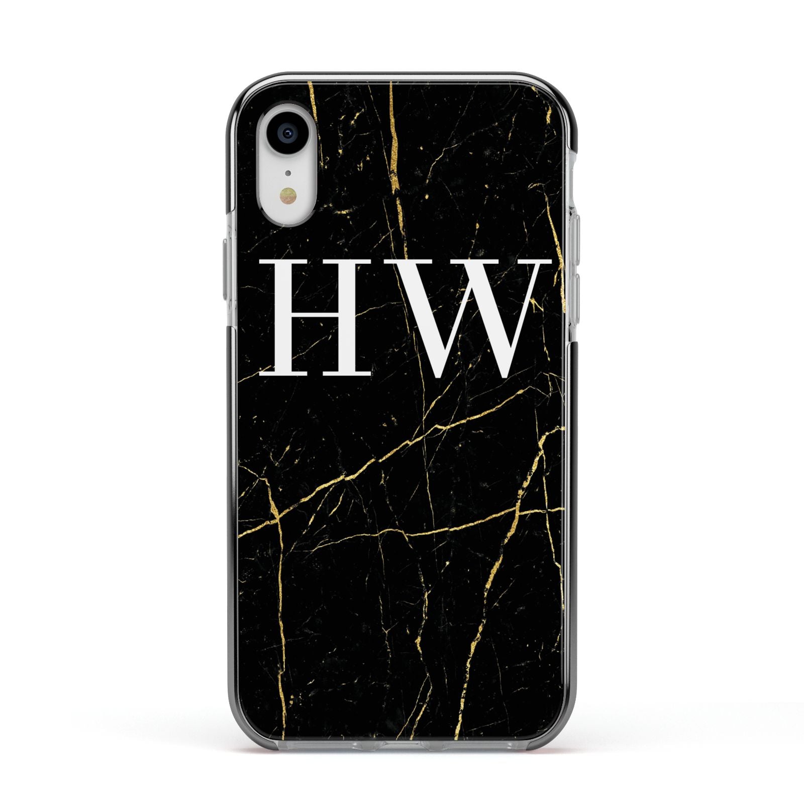 Black Gold Marble Effect Initials Personalised Apple iPhone XR Impact Case Black Edge on Silver Phone