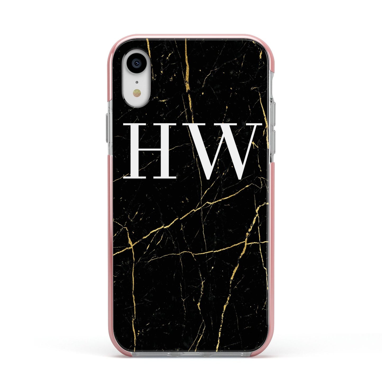 Black Gold Marble Effect Initials Personalised Apple iPhone XR Impact Case Pink Edge on Silver Phone