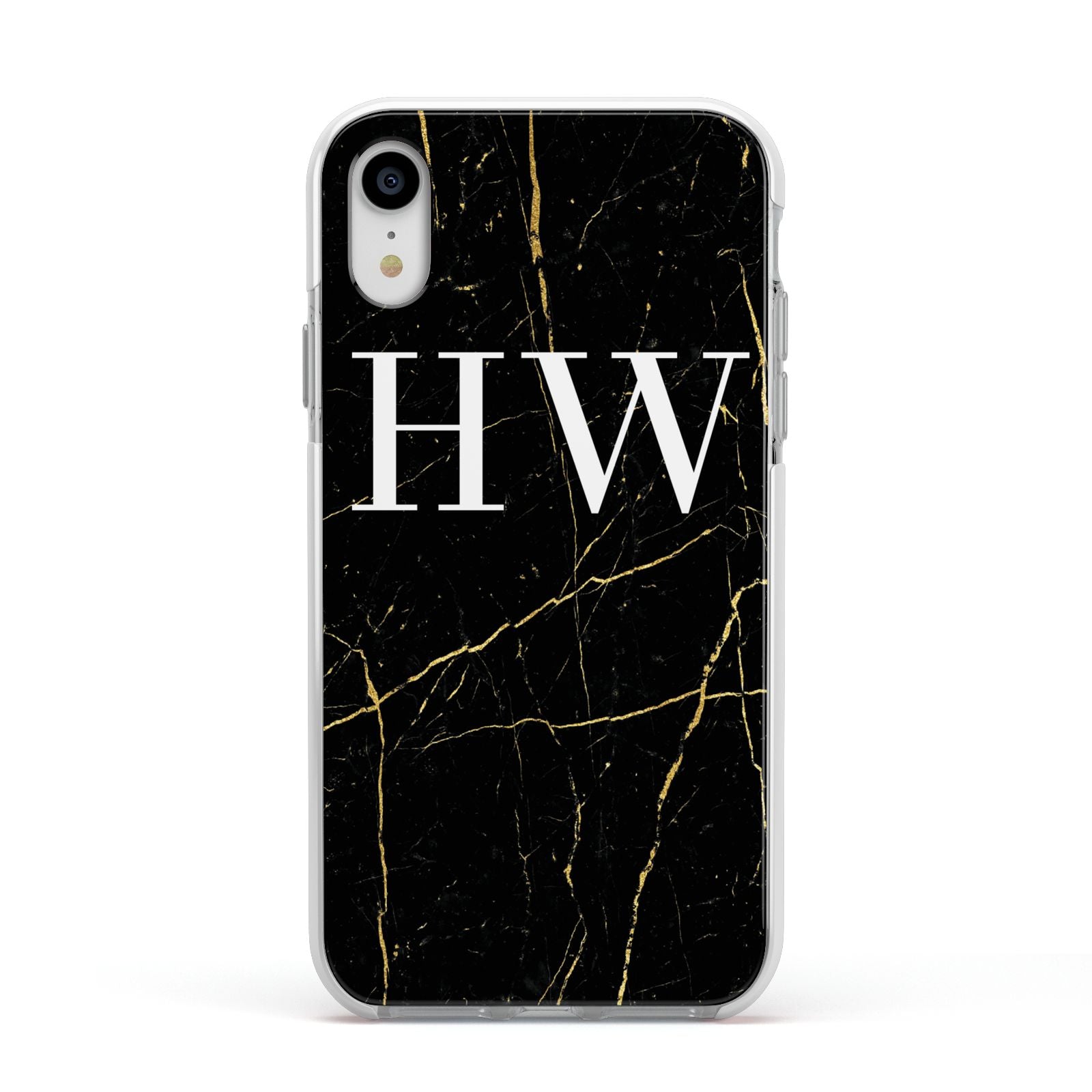 Black Gold Marble Effect Initials Personalised Apple iPhone XR Impact Case White Edge on Silver Phone