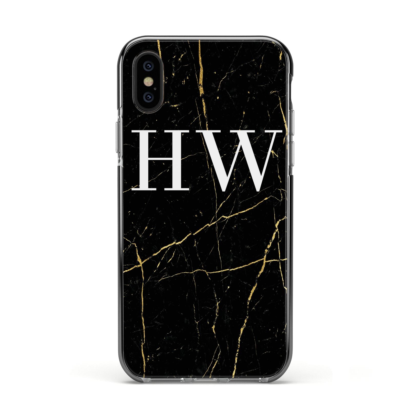 Black Gold Marble Effect Initials Personalised Apple iPhone Xs Impact Case Black Edge on Black Phone