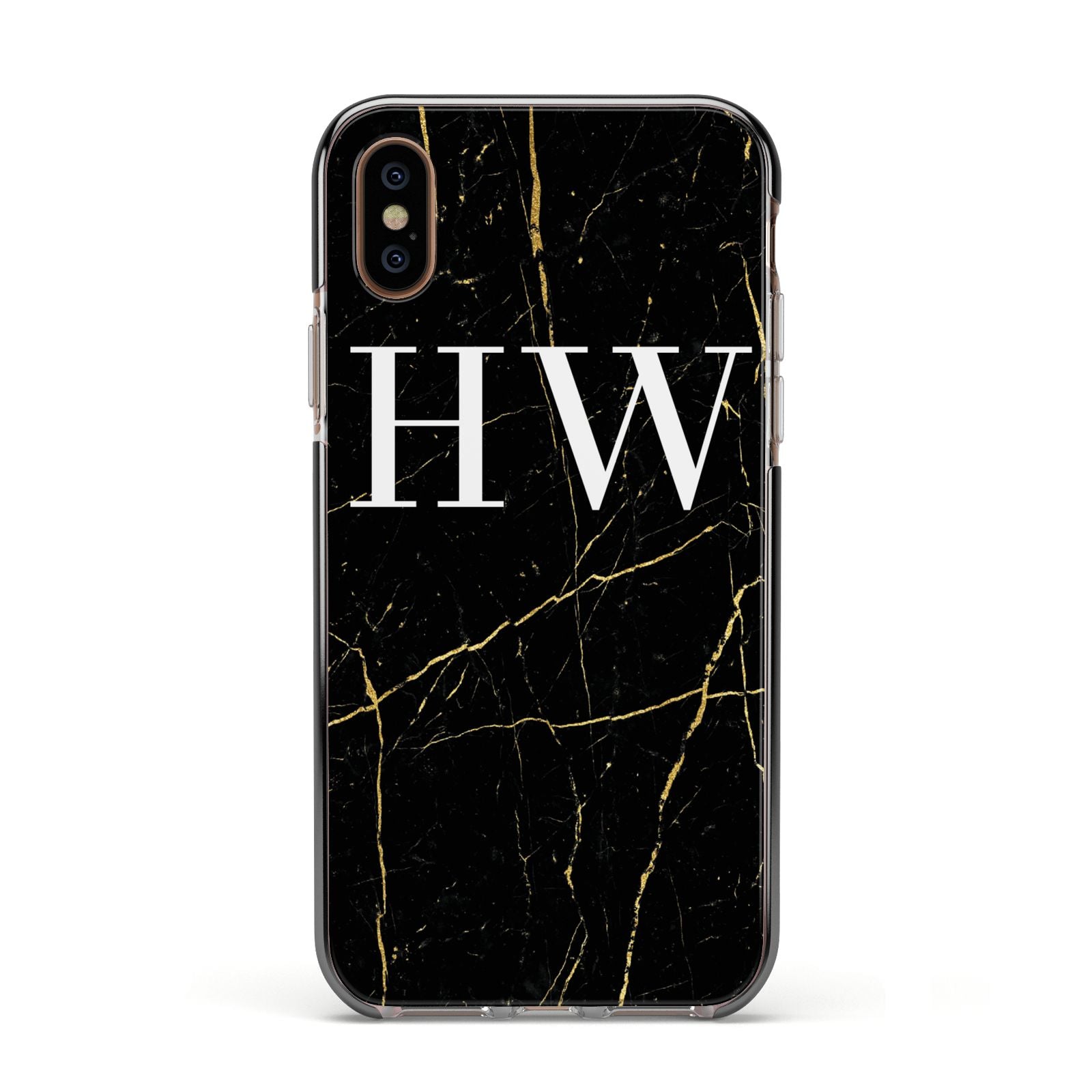 Black Gold Marble Effect Initials Personalised Apple iPhone Xs Impact Case Black Edge on Gold Phone