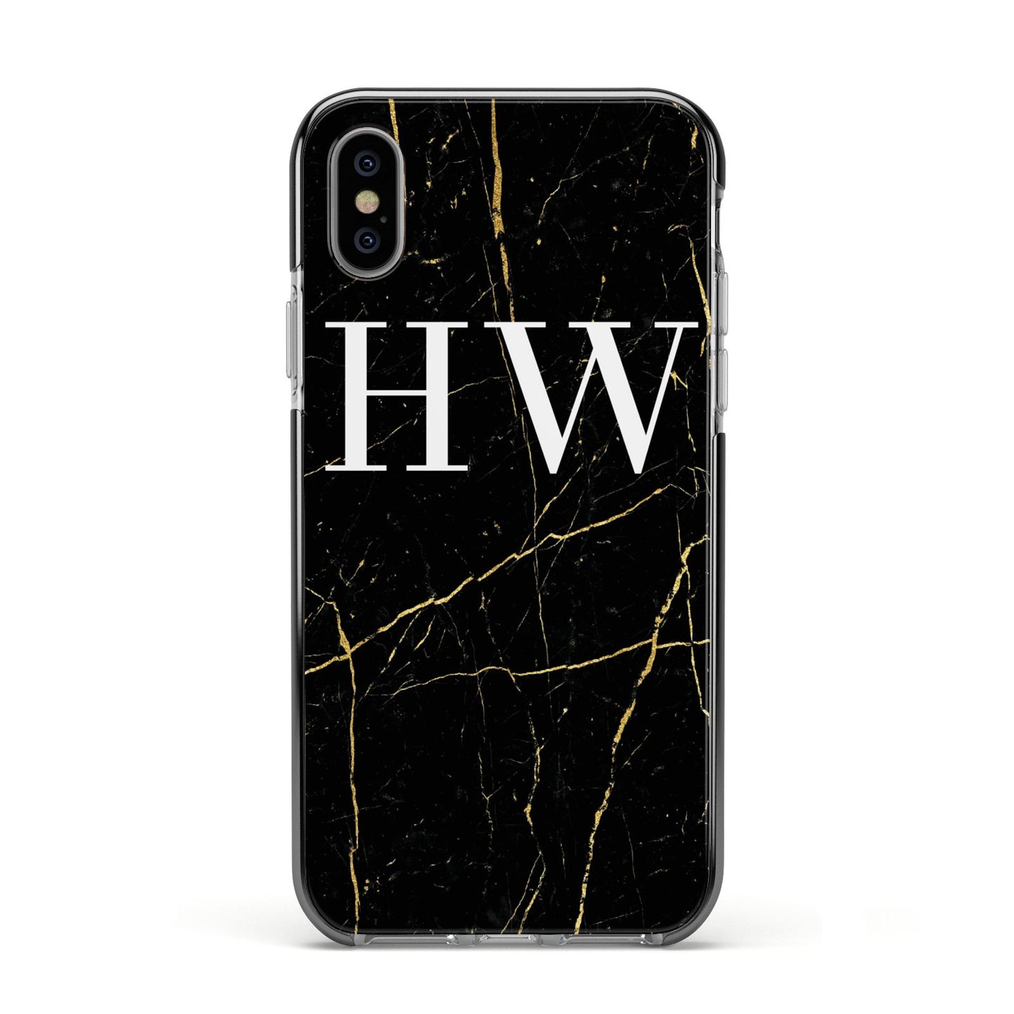 Black Gold Marble Effect Initials Personalised Apple iPhone Xs Impact Case Black Edge on Silver Phone