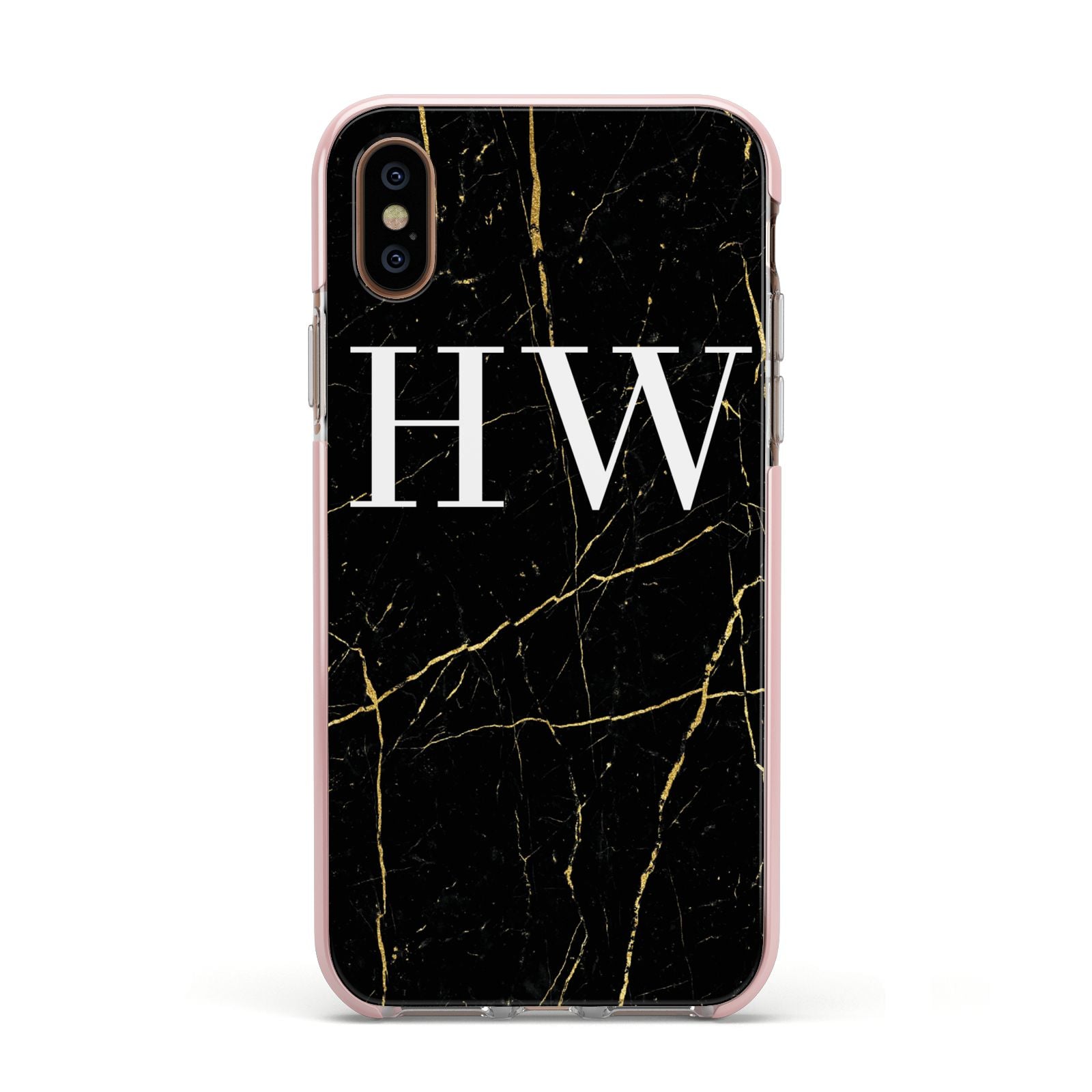 Black Gold Marble Effect Initials Personalised Apple iPhone Xs Impact Case Pink Edge on Gold Phone