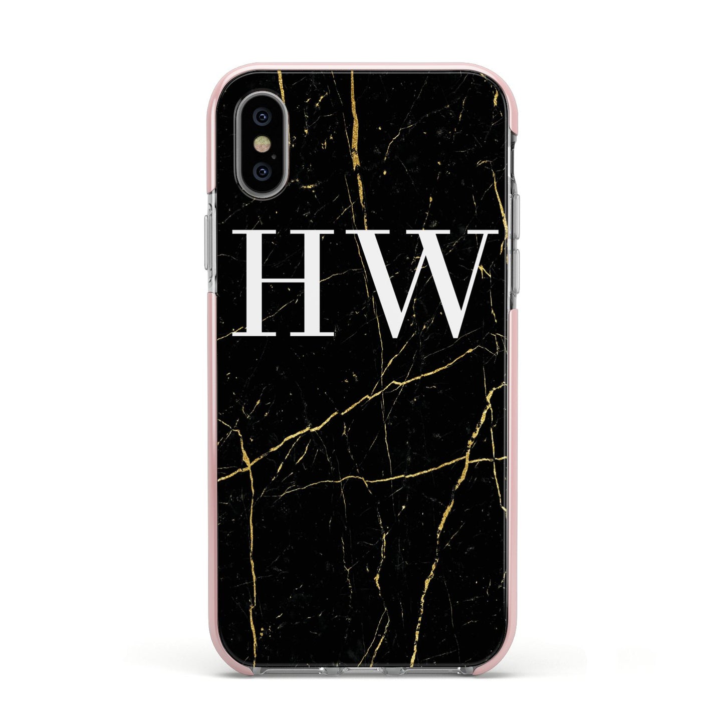 Black Gold Marble Effect Initials Personalised Apple iPhone Xs Impact Case Pink Edge on Silver Phone