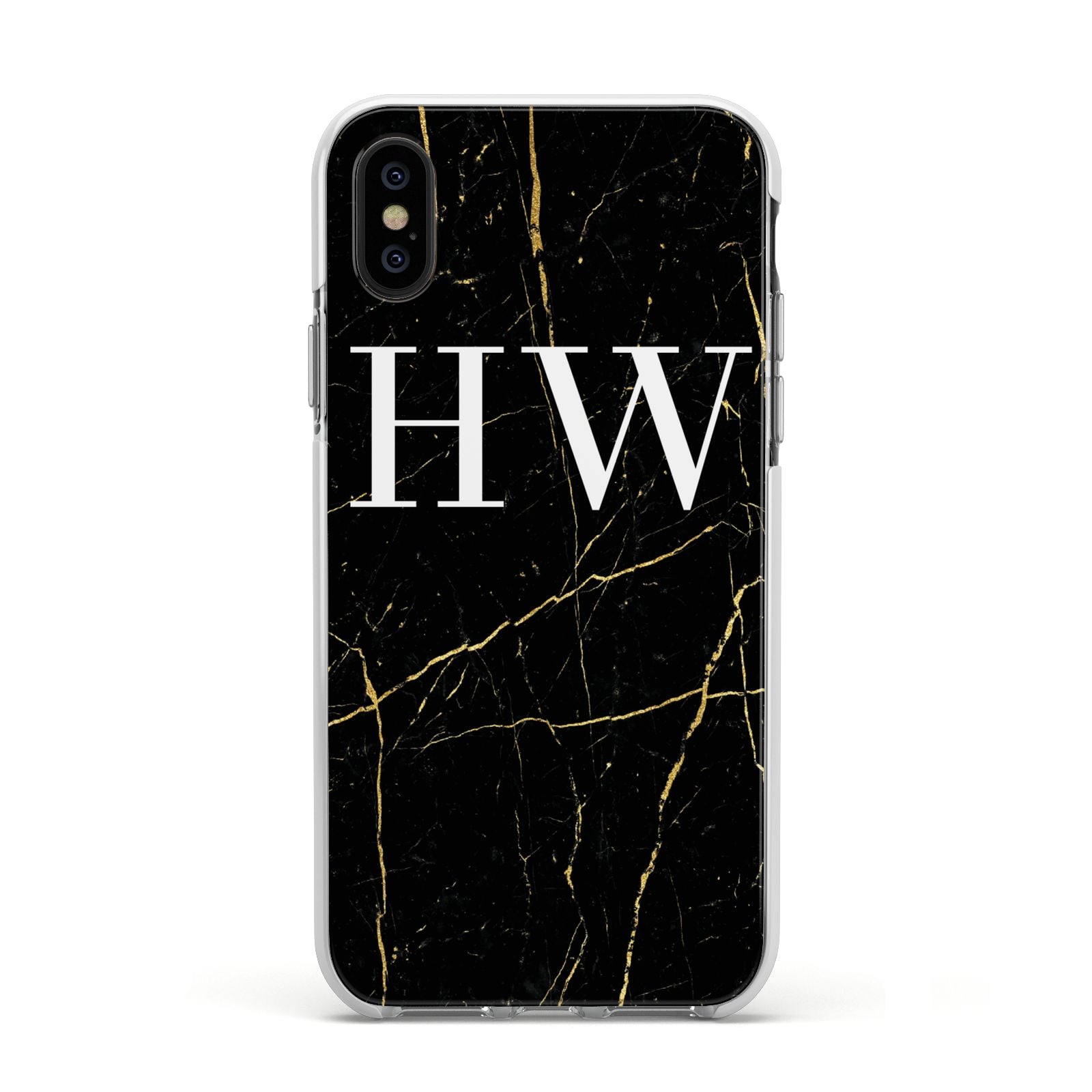 Black Gold Marble Effect Initials Personalised Apple iPhone Xs Impact Case White Edge on Black Phone