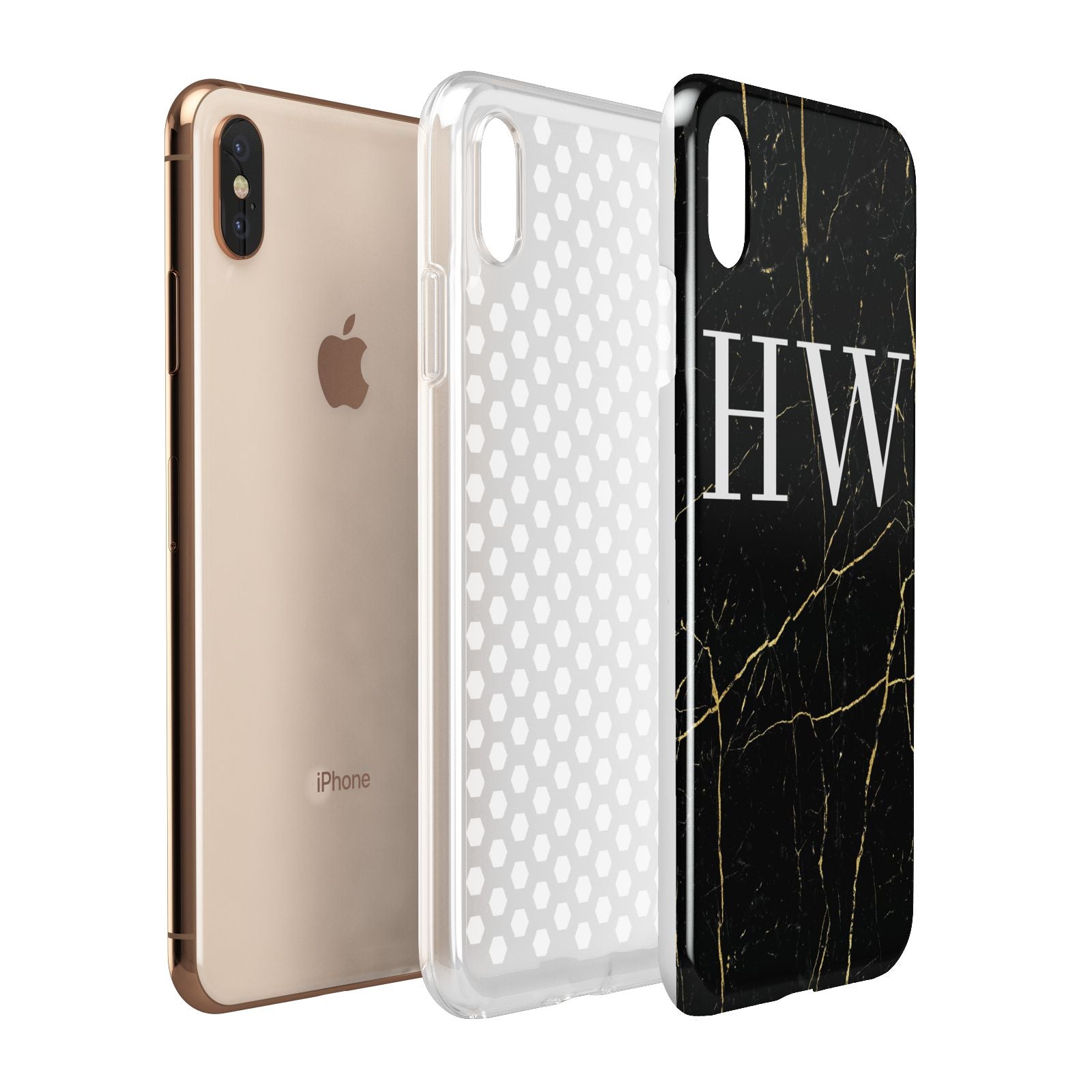 Black Gold Marble Effect Initials Personalised Apple iPhone Xs Max 3D Tough Case Expanded View