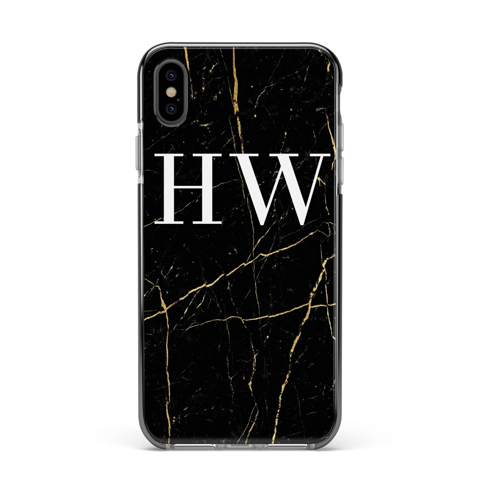 Black Gold Marble Effect Initials Personalised Apple iPhone Xs Max Impact Case Black Edge on Black Phone