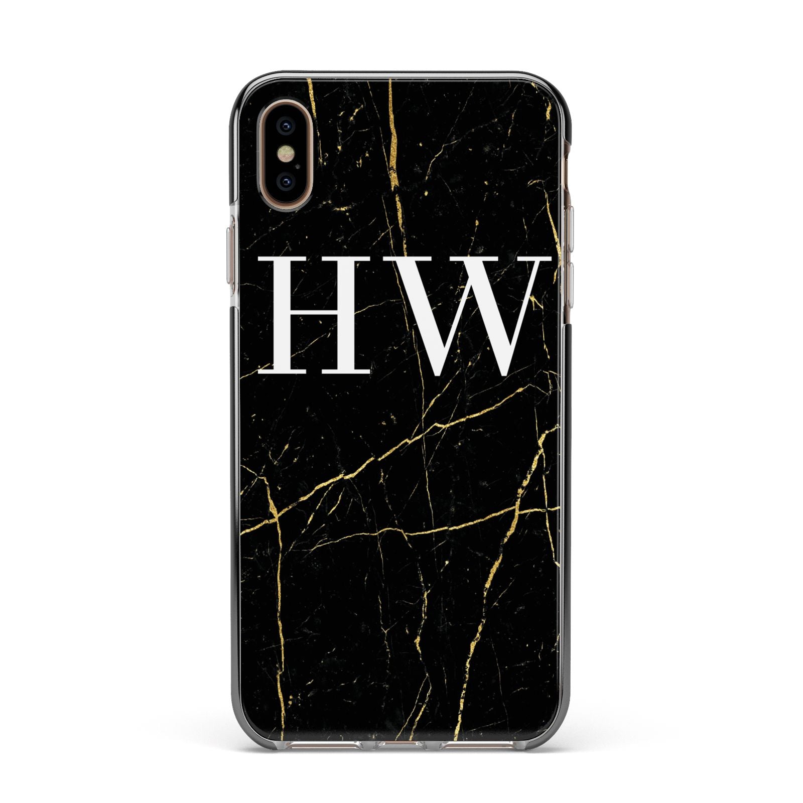 Black Gold Marble Effect Initials Personalised Apple iPhone Xs Max Impact Case Black Edge on Gold Phone