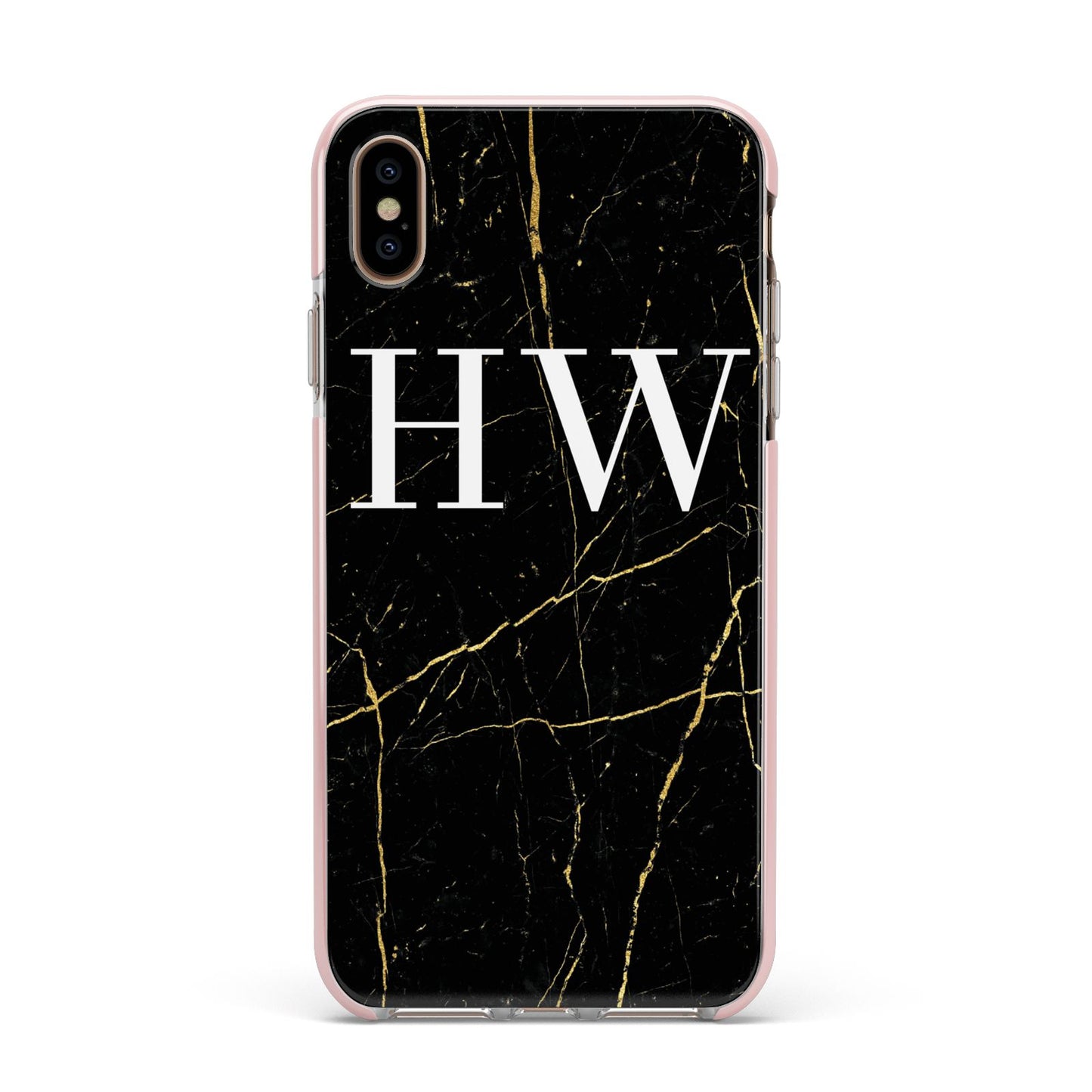 Black Gold Marble Effect Initials Personalised Apple iPhone Xs Max Impact Case Pink Edge on Gold Phone
