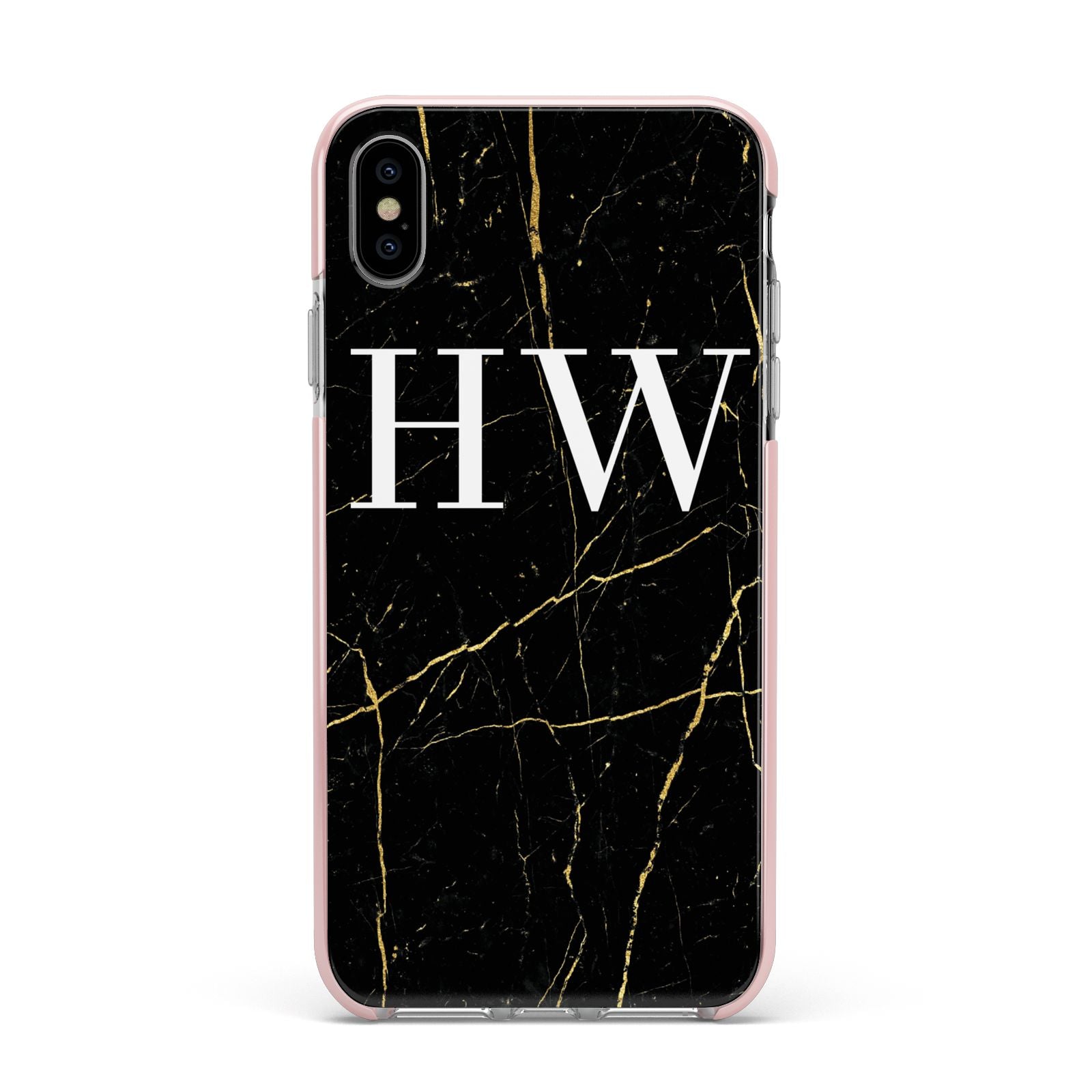 Black Gold Marble Effect Initials Personalised Apple iPhone Xs Max Impact Case Pink Edge on Silver Phone