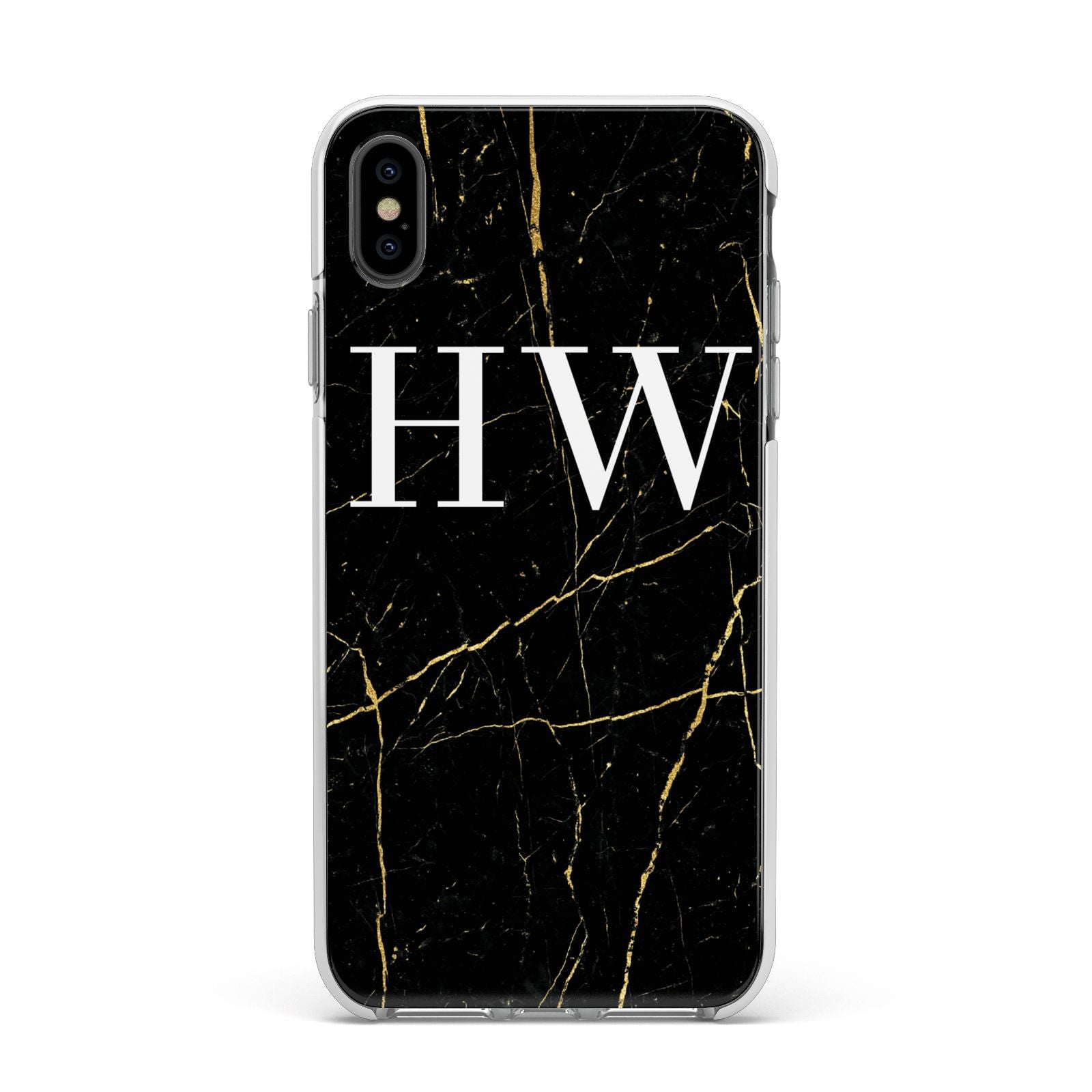 Black Gold Marble Effect Initials Personalised Apple iPhone Xs Max Impact Case White Edge on Black Phone