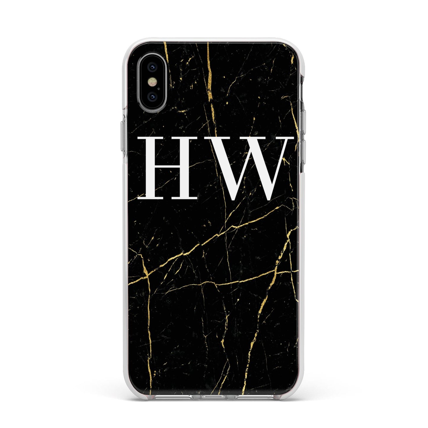 Black Gold Marble Effect Initials Personalised Apple iPhone Xs Max Impact Case White Edge on Silver Phone