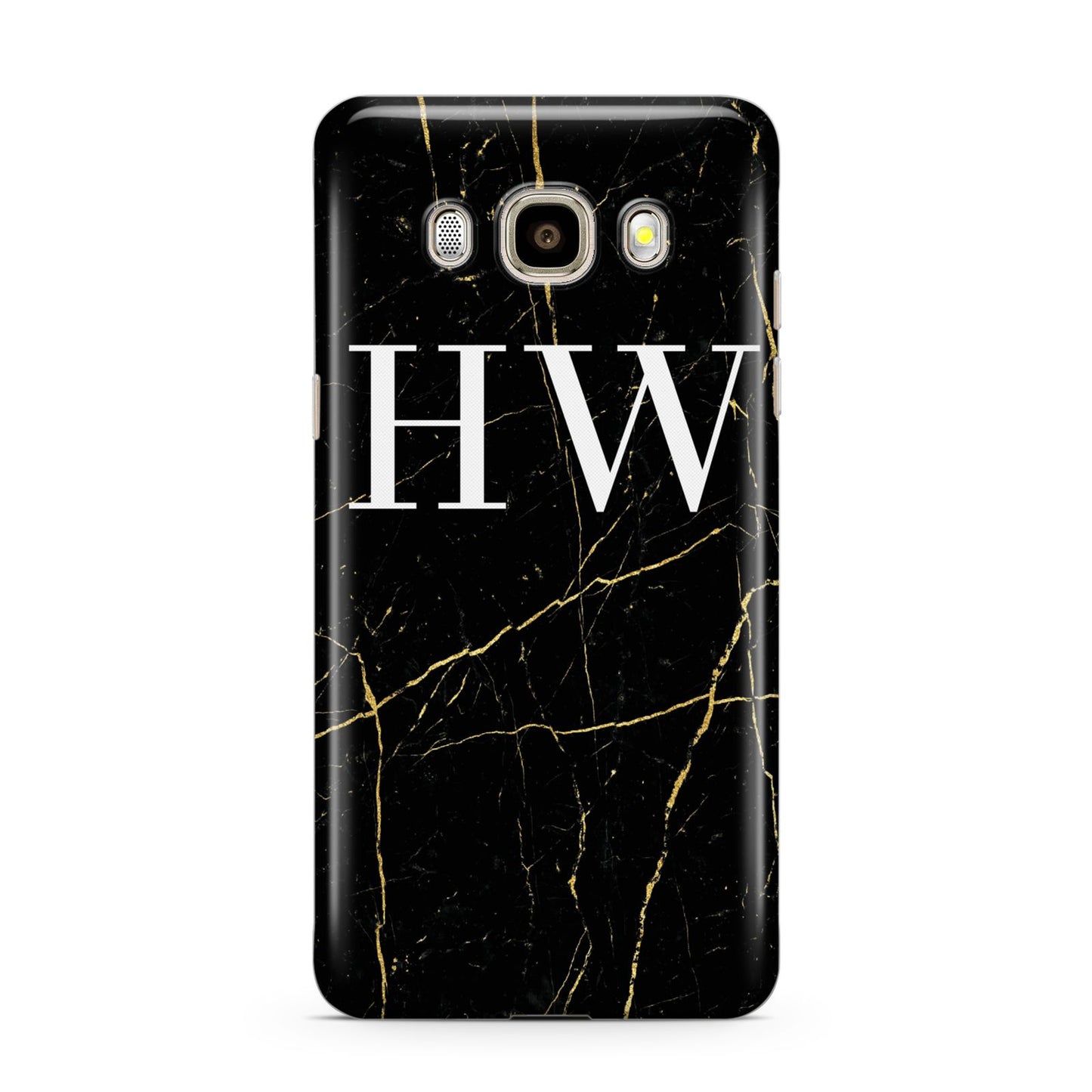 Black Gold Marble Effect Initials Personalised Samsung Galaxy J7 2016 Case on gold phone