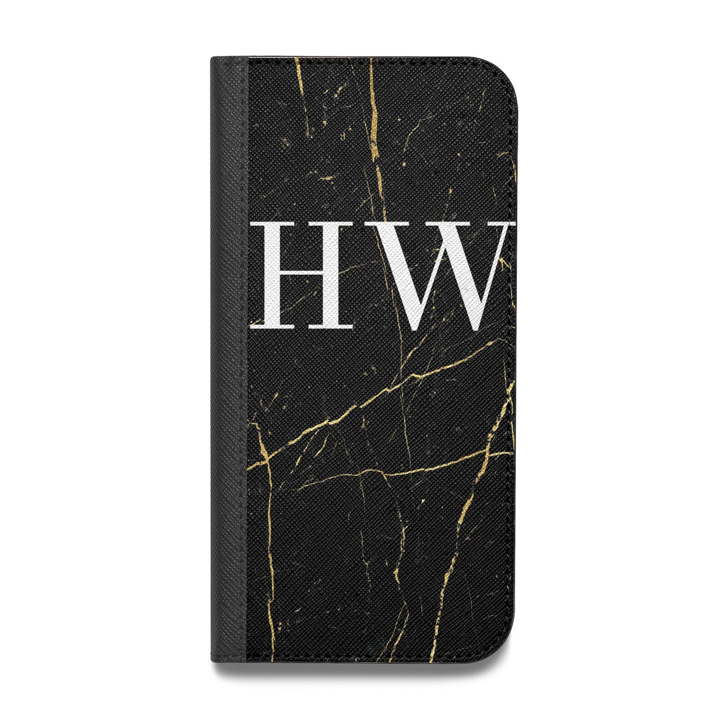 Black Gold Marble Effect Initials Personalised Vegan Leather Flip iPhone Case
