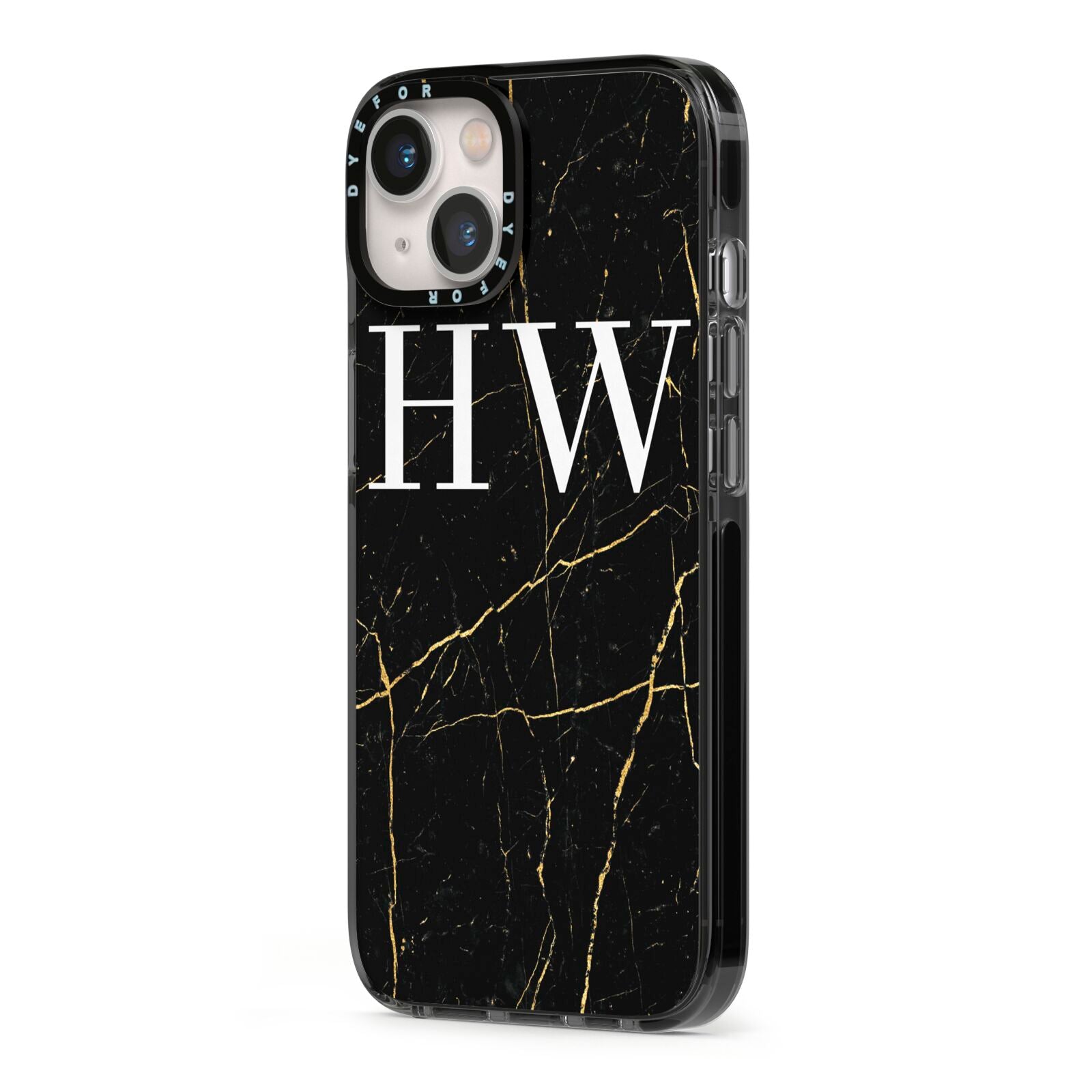 Black Gold Marble Effect Initials Personalised iPhone 13 Black Impact Case Side Angle on Silver phone