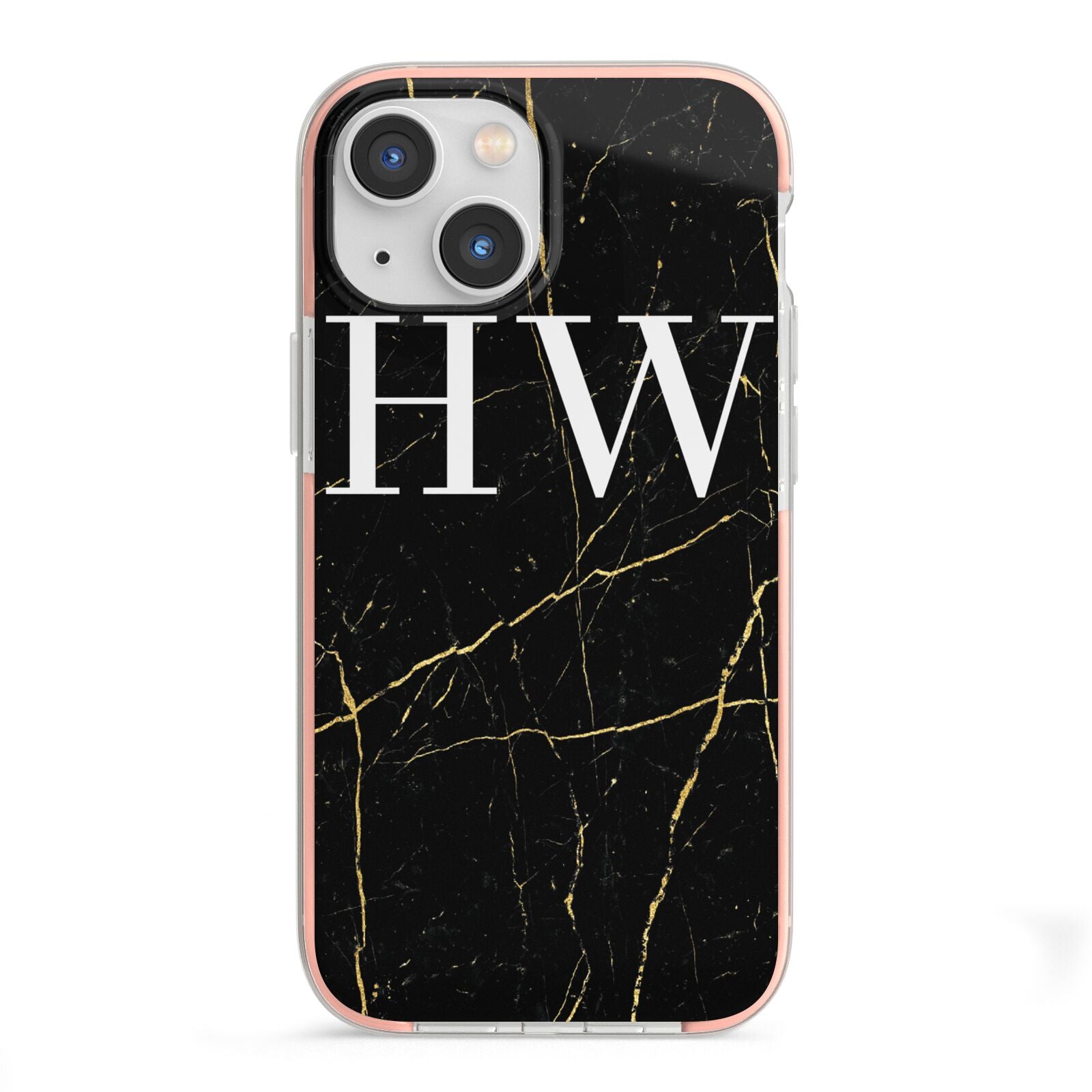 Black Gold Marble Effect Initials Personalised iPhone 13 Mini TPU Impact Case with Pink Edges