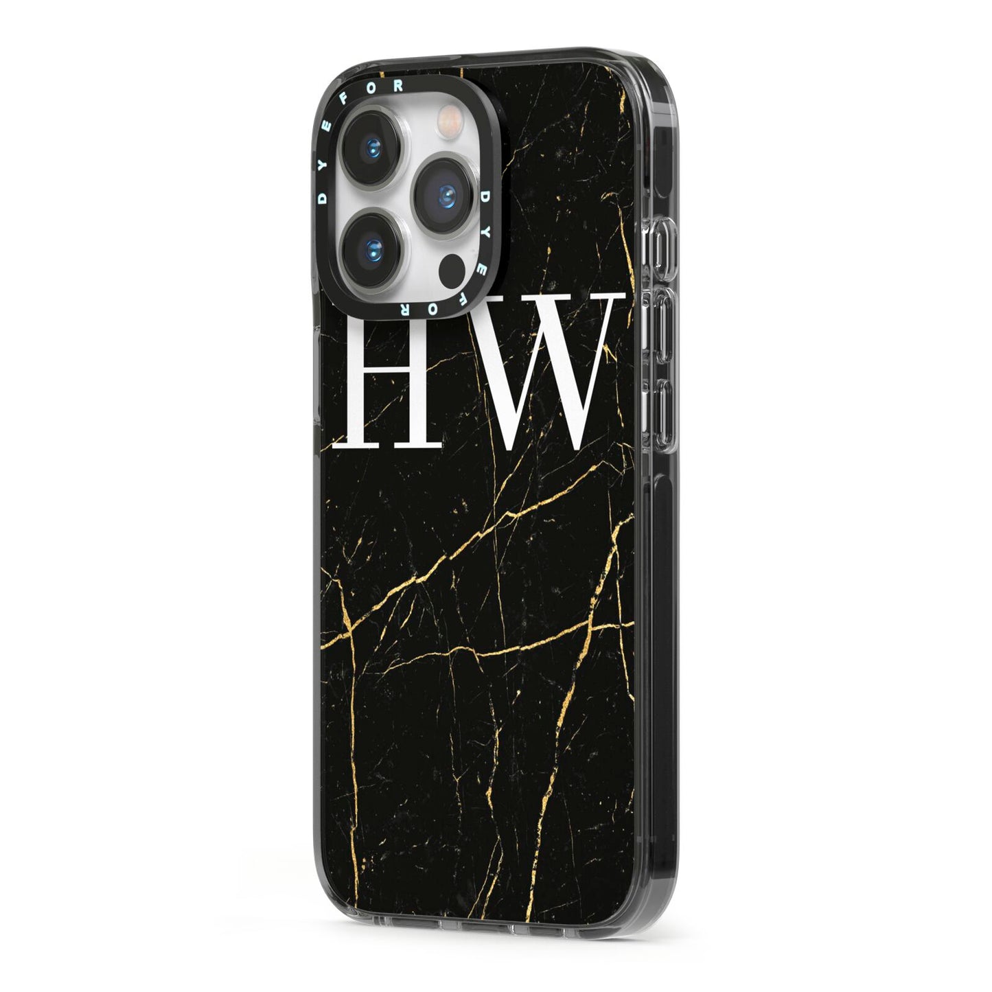 Black Gold Marble Effect Initials Personalised iPhone 13 Pro Black Impact Case Side Angle on Silver phone