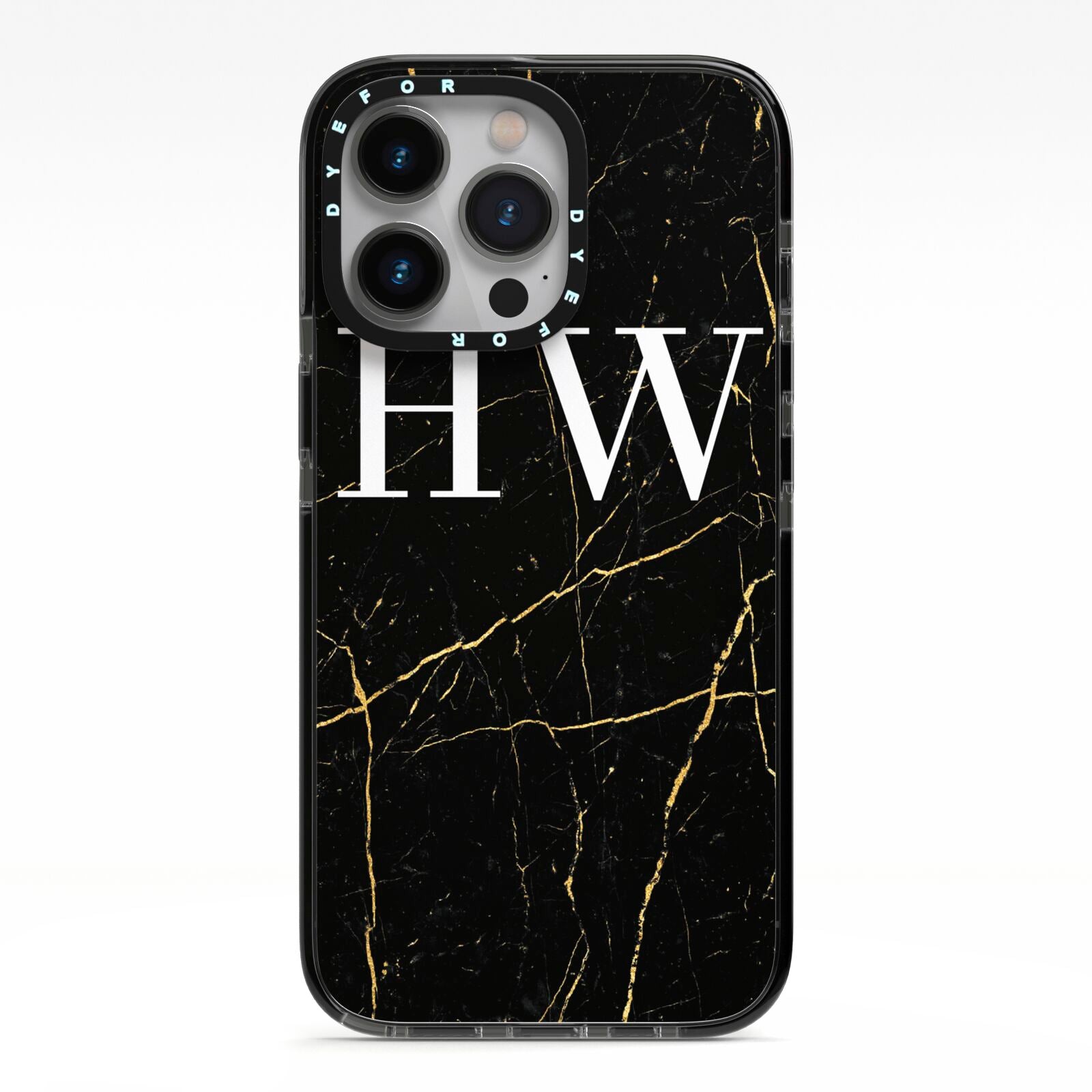 Black Gold Marble Effect Initials Personalised iPhone 13 Pro Black Impact Case on Silver phone