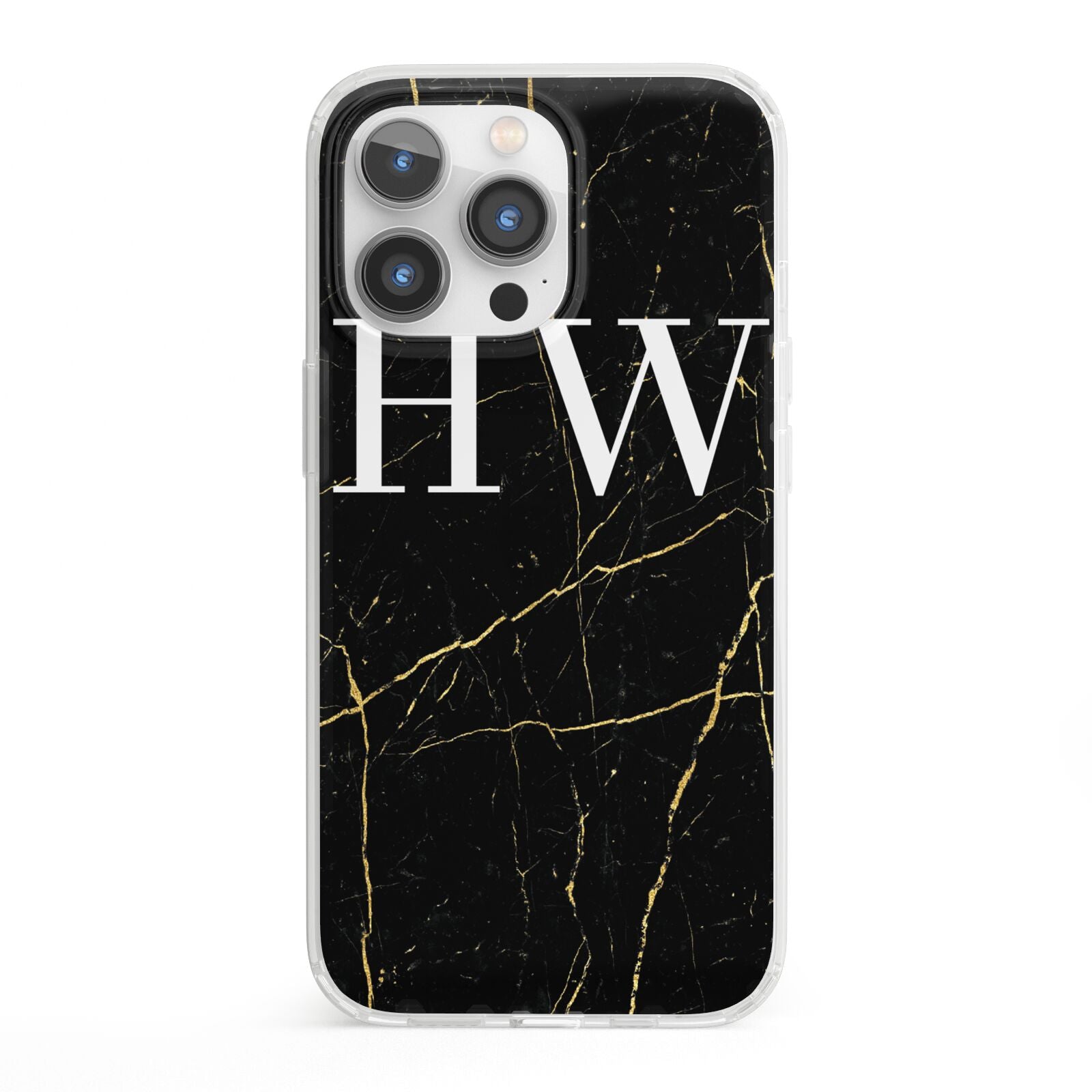 Black Gold Marble Effect Initials Personalised iPhone 13 Pro Clear Bumper Case